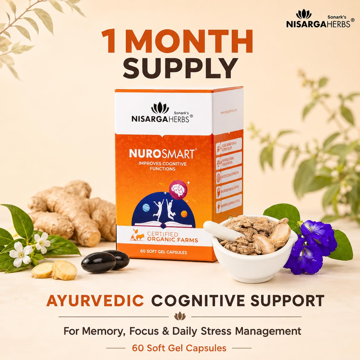 SONARK'S NISARGA HERBS Nurosmart (60 Soft Gels) – Ayurvedic Cognitive Support Supplement – Natural Brain Booster for Memory, Focus & Daily Stress Management for Teens & Adults — Amazon image 2