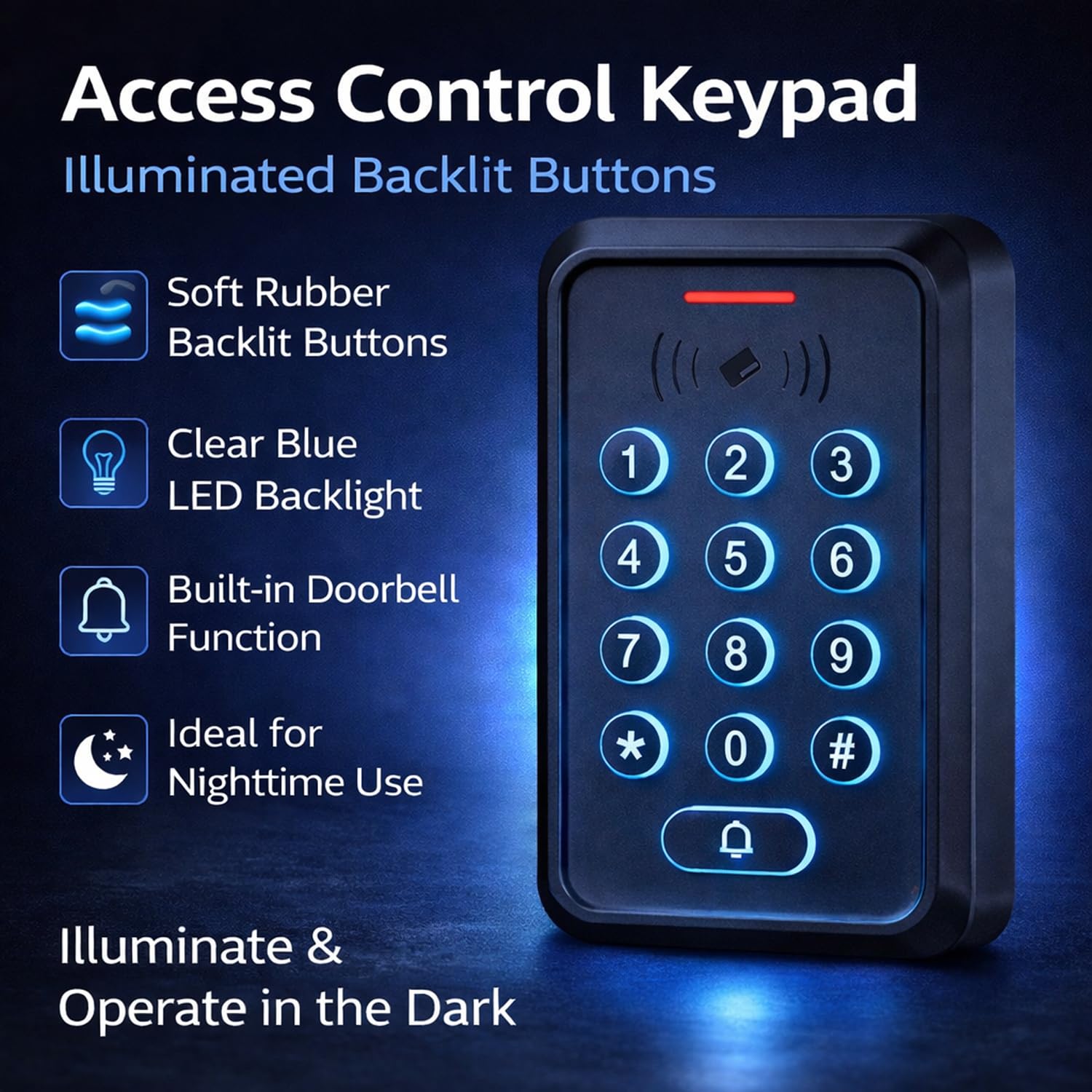 RFID Zutrittskontrollsystem Set mit Dualfrequenz (ID + IC/NFC) – IP68 Controller mit beleuchteter Silikon-Tastatur, DC 12V 3A Netzteil, Exit-Taster und 10× 125kHz RFID Schlüsselanhänger(5)