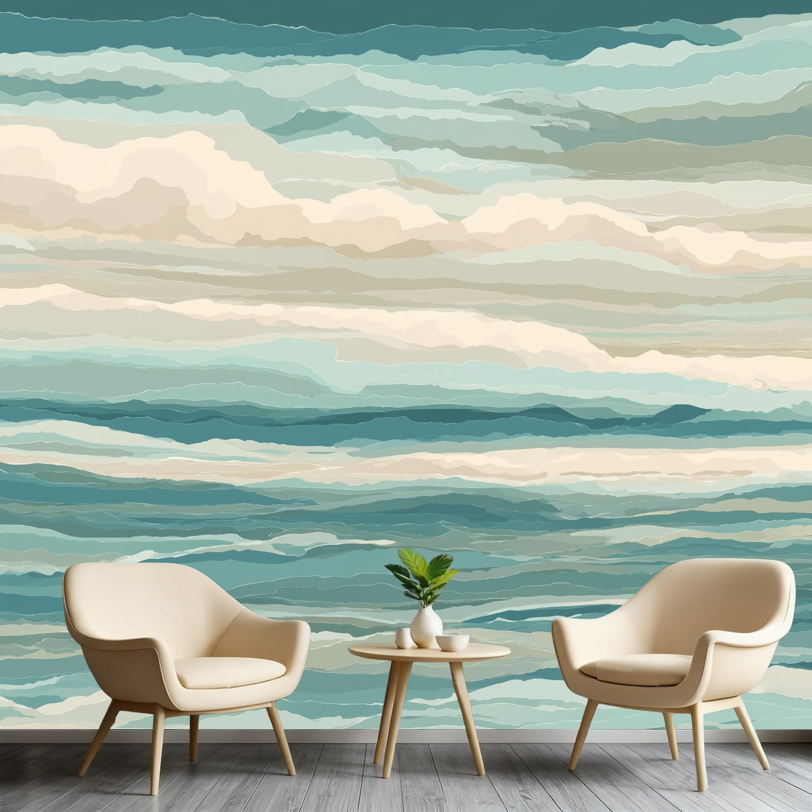 Papier peint paysage marin vert abstrait full HD de 280x200cm pour deco murale cuisine et couloir