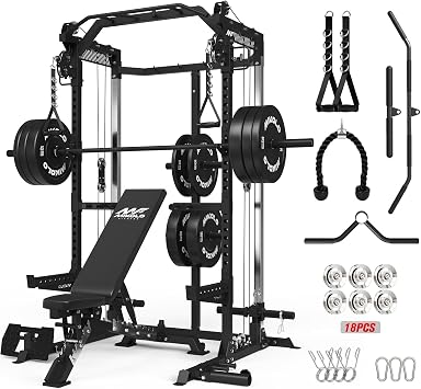 Mikolo HR06 Power Cage with Aluminum Pulleys, 2000LB Power Rack with Independent Dual Pulley System, Multi-Function Home Gym Workout Machine for Cable Crossover