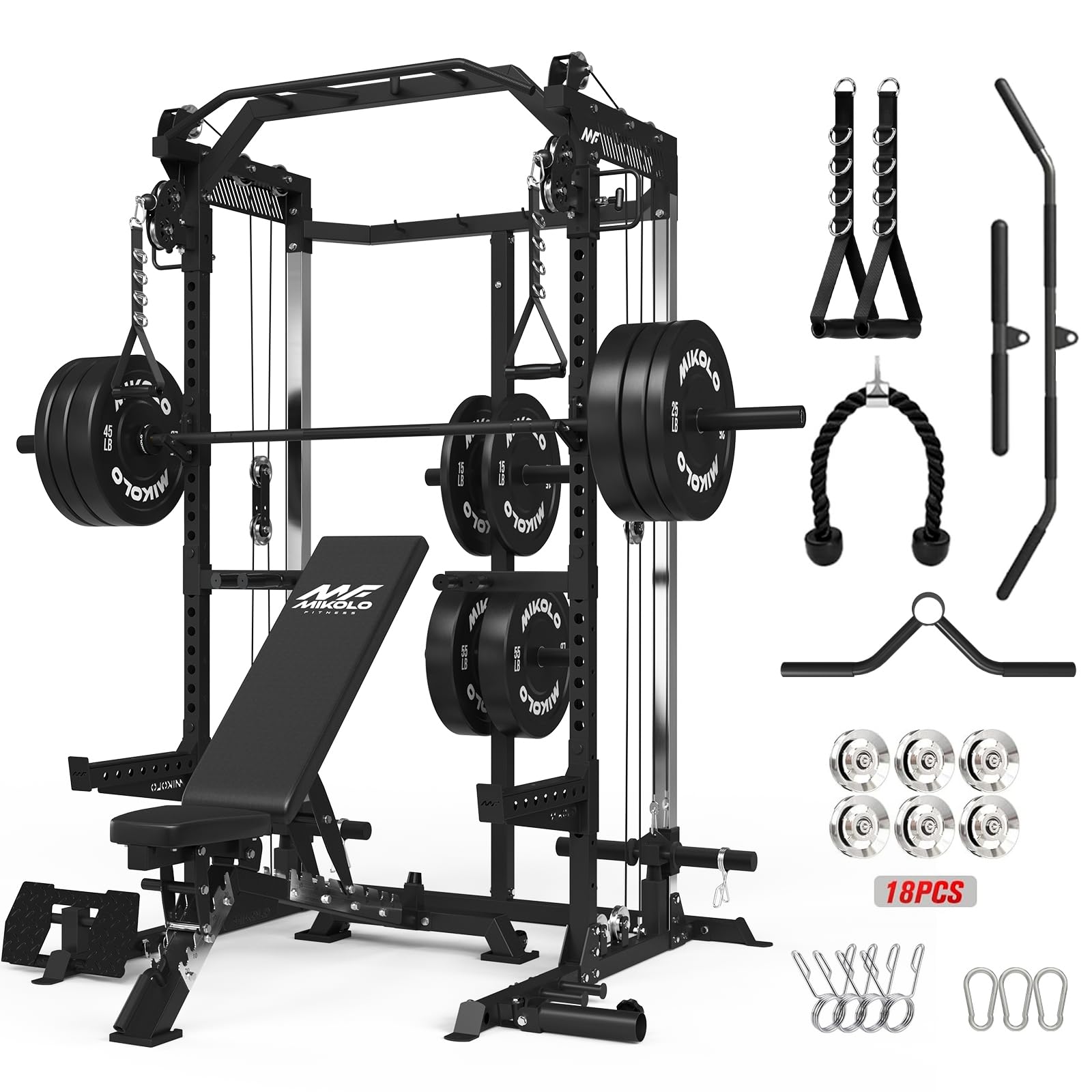 Mikolo HR06 Power Cage with Aluminum Pulleys, 2000LB Power Rack with Independent Dual Pulley System, Multi-Function Home Gym Workout Machine for Cable Crossover