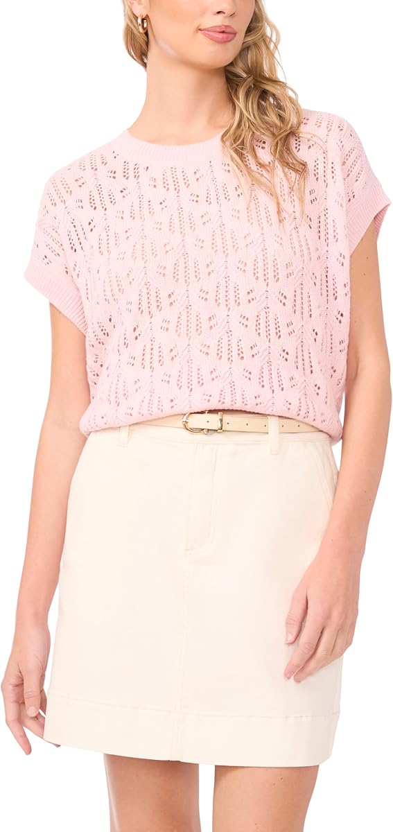 Vince Camuto Women's Pointelle Crew Neck Short Sleeve Sweater
