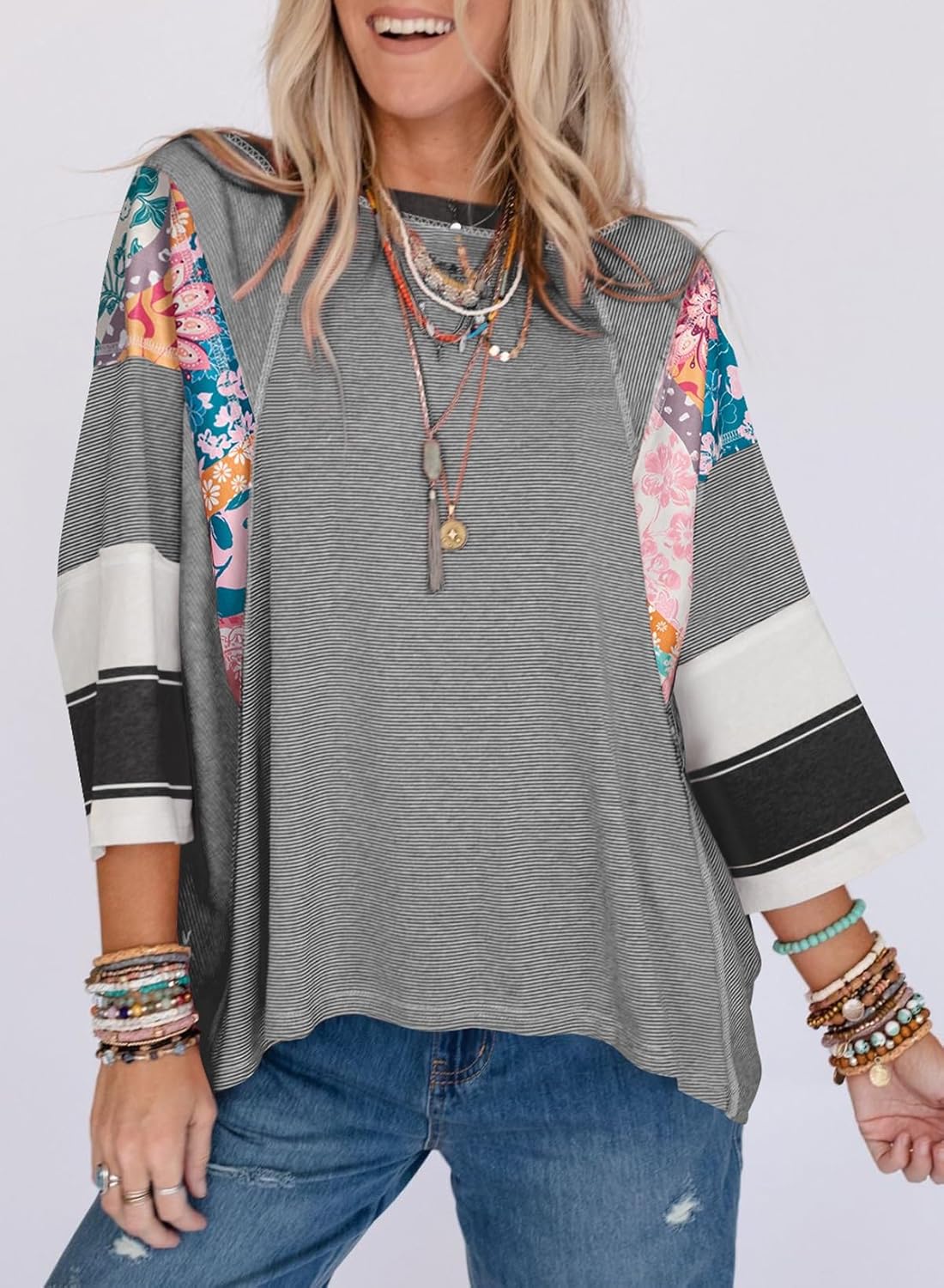 EVALESS Boho Tops for Women Dressy Casual Spring 3/4 Length Sleeve Crewneck Patchwork Striped Oversized Blouses Shirts - Image 2