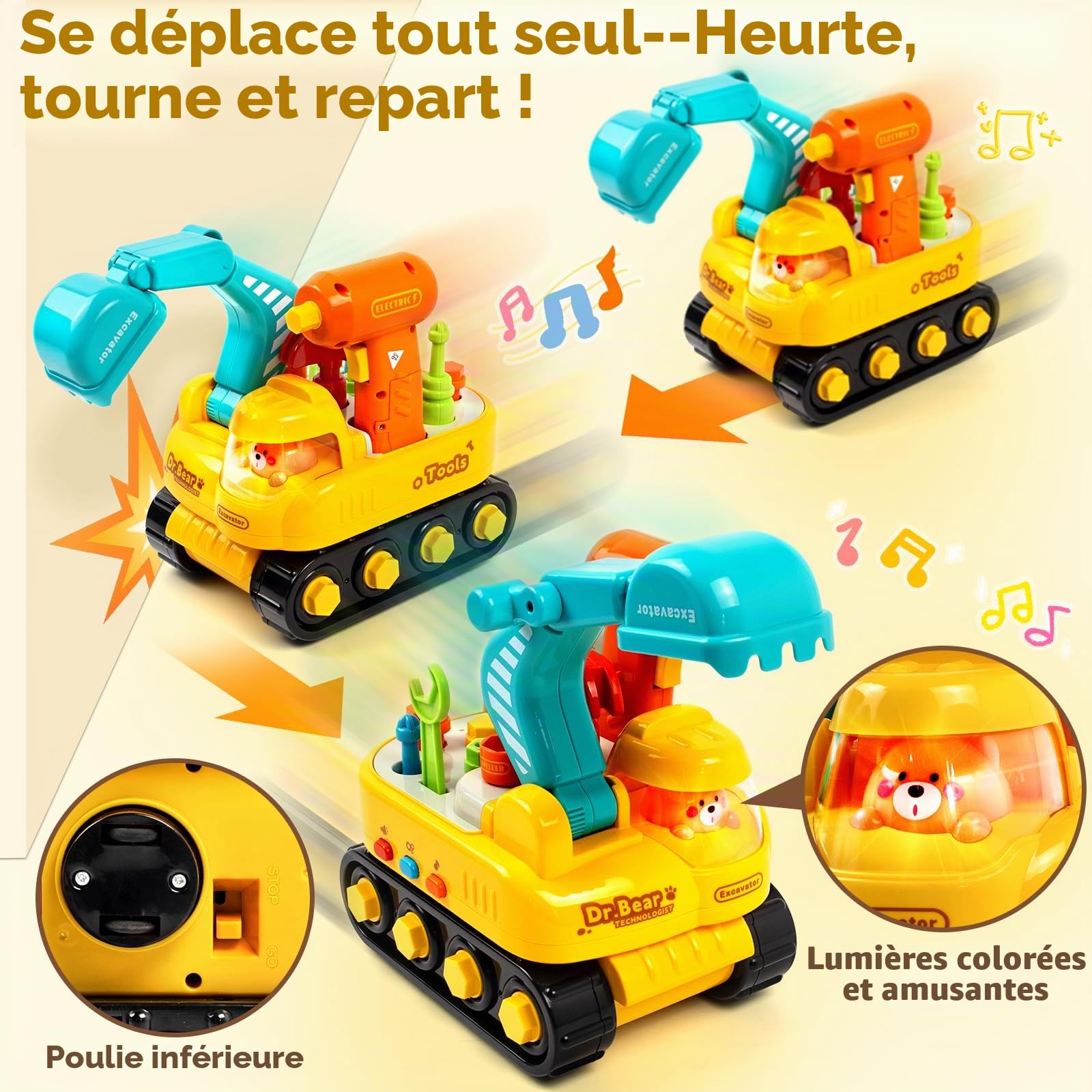 Marstone Jouet Enfant 2 Ans Garcon, Jouet Pelleteuse Électrique Montessori pour Enfants, avec Lumières et Musique, Jouet Éducatif à Visser 1 2 3Ans, Véhicule Chantier Interactif Garçons Filles