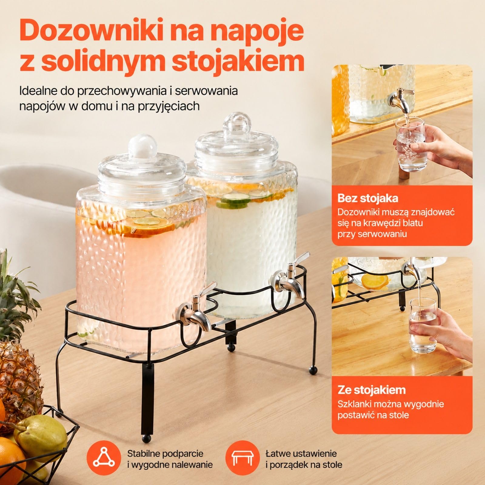 Dystrybutor napojów, 2 x 5,5 l szklane pojemniki z kranem, przezroczysty podwójny cylinder na metalowej podstawie do soku, lemoniady, imprez, barów i restauracji