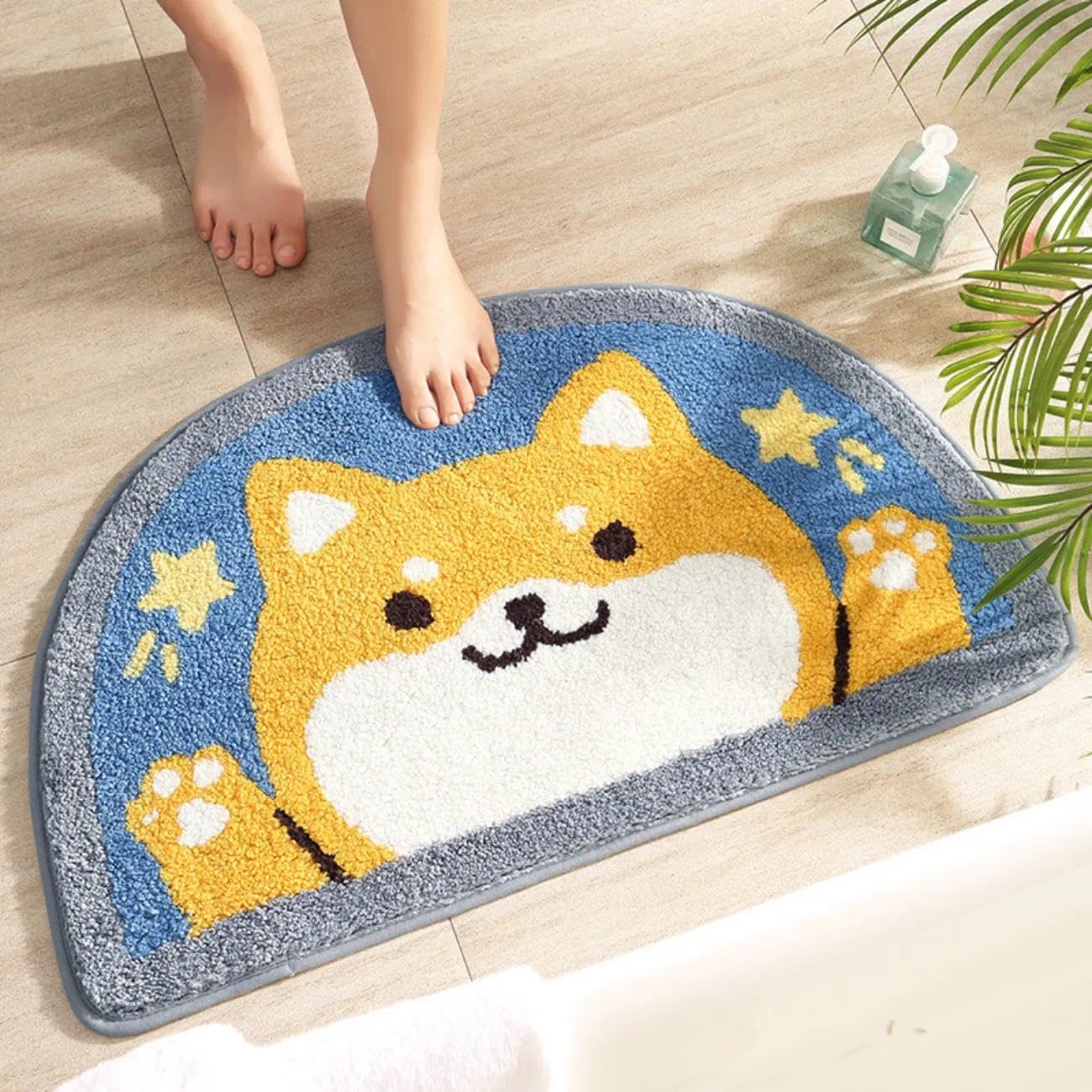 Cute Shiba Half Circle Bath Mat – 30" x 17.7" Plush Dog Bathroom Rug for Kids & Pet Lovers, Soft Absorbent Non Slip Mat for Shower, Sink, or Entryway