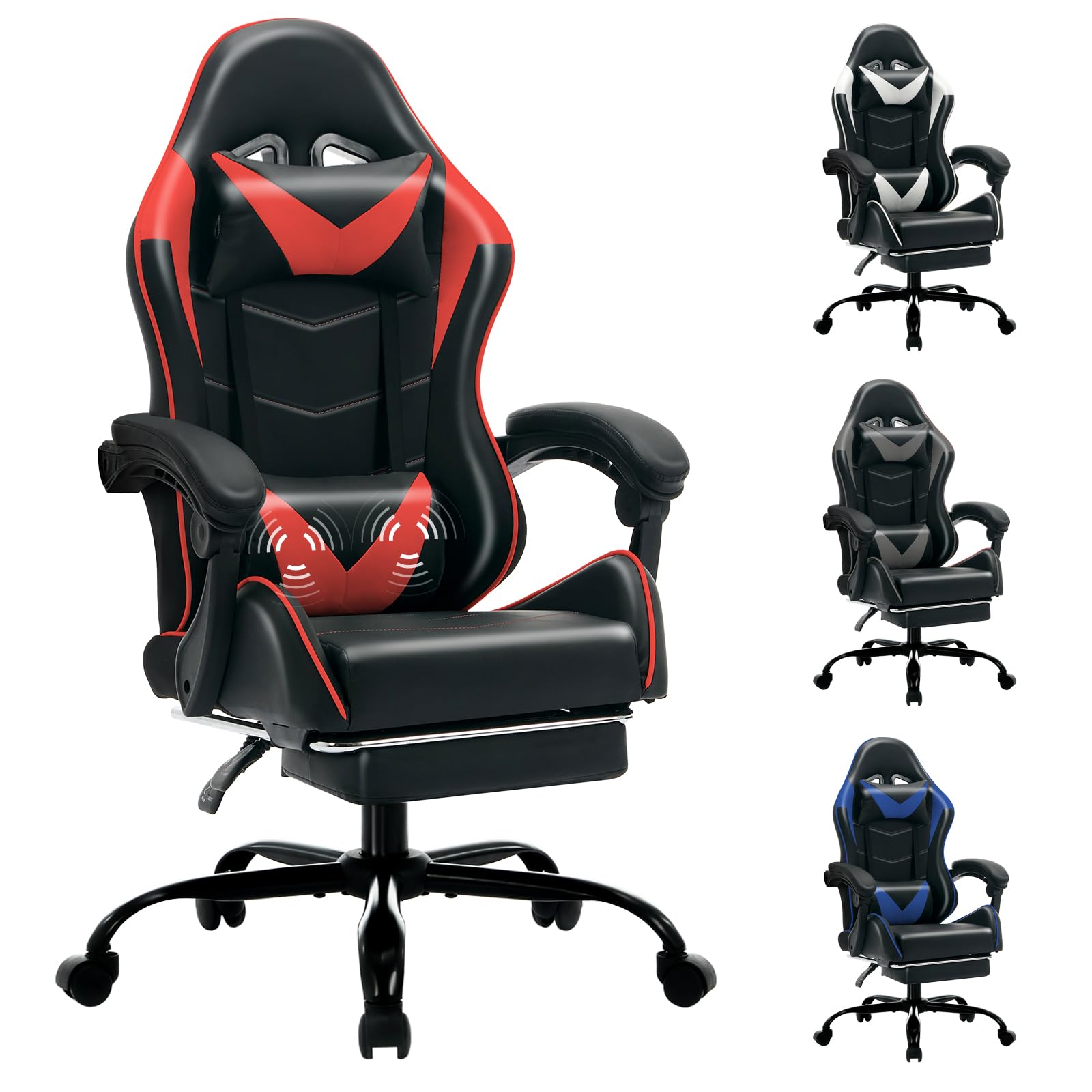 Gaming Chair With Footrest Racing Style Lumbar Support Massager