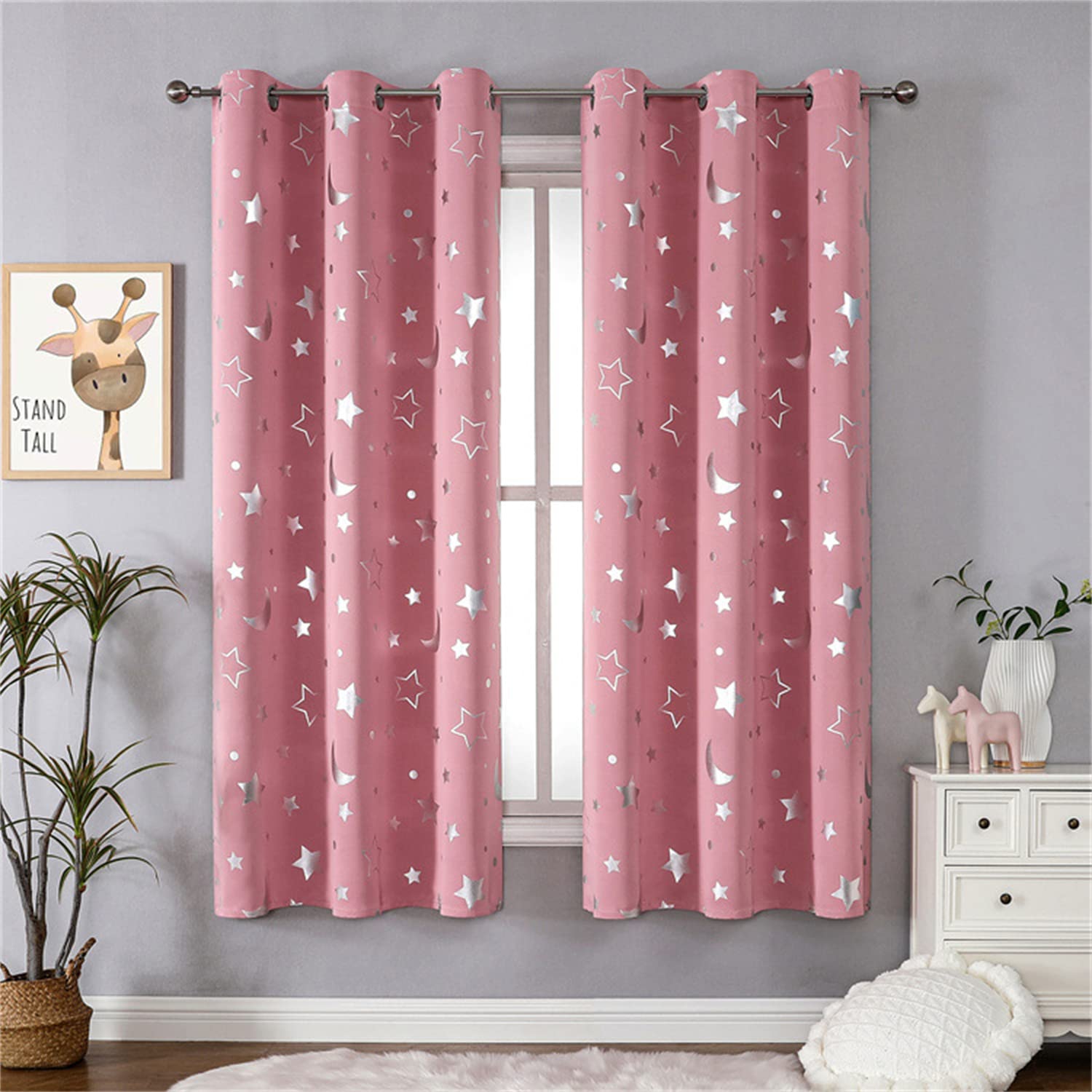 Freyamy Vorhang Blickdicht Rosa Mond Sternenvorhänge 2 Stück,130x100cm (HxB) Niedliche Vorhänge mit Ösen Lichtundurchlässig thermovorhang kälteschutz Gardinen Lärmschutz für Kindervorhänge