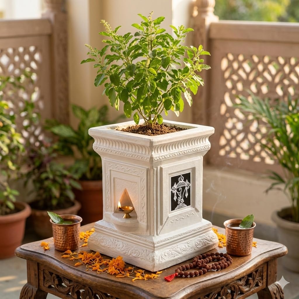 Handcrafted Tulsi Planter Pot for Home & Temple – 12 Inch Premium Concrete Tulsi Pot with Hand-Painted Spiritual Art (Shankh, Chakra, Kalasam, Akal Vilakku) (Black & White)-image-35