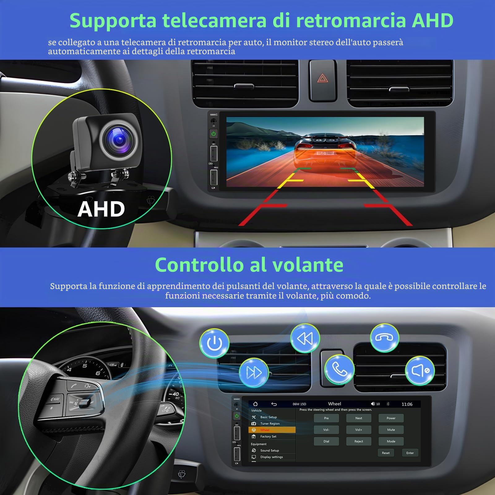 Podofo Autoradio 1 Din con Carplay Bluetooth Android Auto, Auto Radio con 6,86 Pollici Schermo Supporta Connessione Specchio FM, Telecamera Posteriore e Microfono