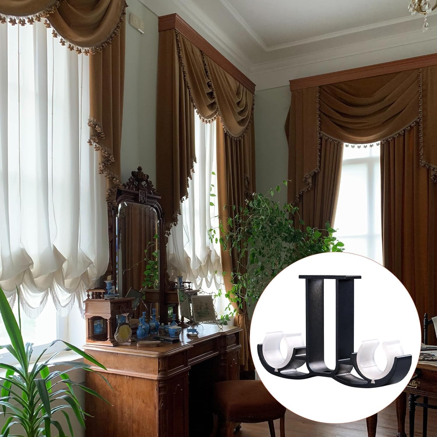 4 Supports Double Tringle Rideau Noir - Alliage Aluminium | Fixation Plafond Ou Mur | Style Moderne