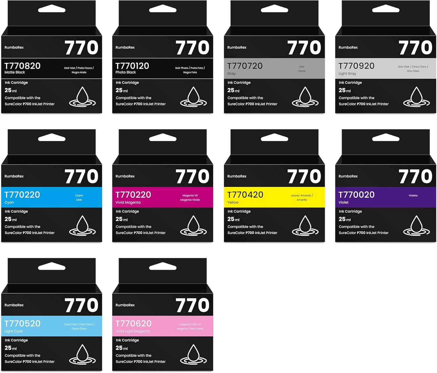 T770 770 Ink Cartridges P700 Ink Cartridge 10-Colors Remanufactured T770020 T770120 T770220 T770320 T770420 T770520 T770620 T770720 T770820 T770920 Replacement for SureColor P700 SC-P700 Printer Ink