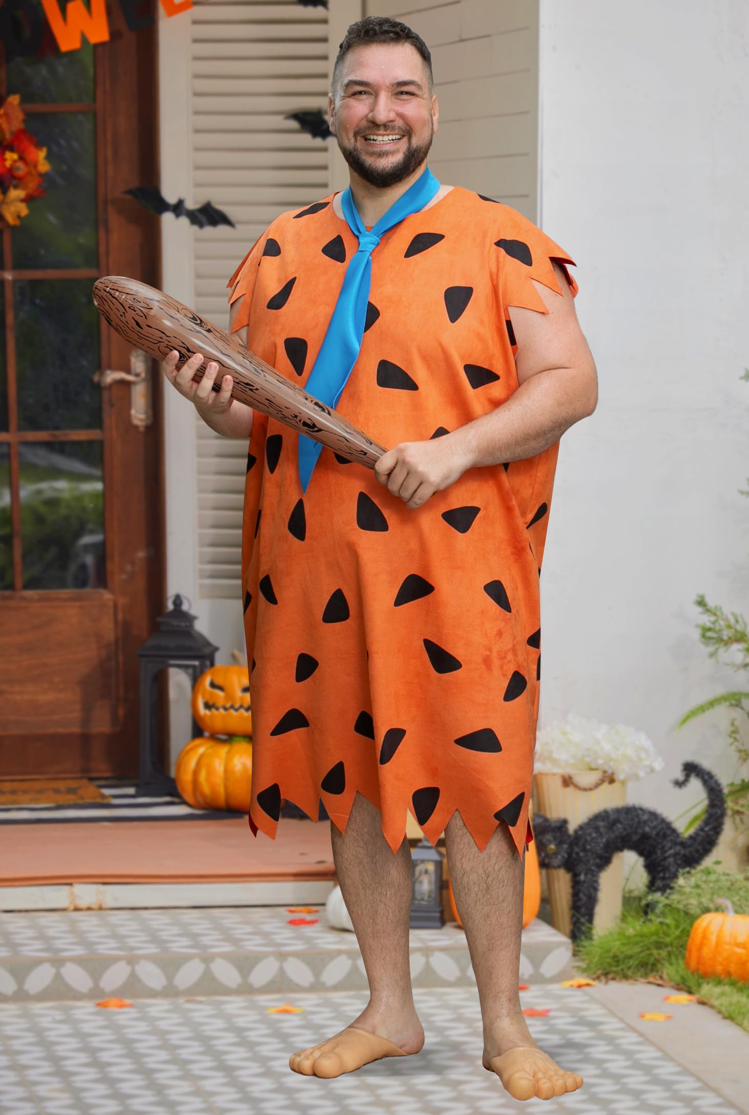 Mainfini Big Cave Man Couple Costume Clothes Set Adult Men Caveman Outfit with Classic Tunic Inflatable Bat Tie Funny Cosplay Competition Stone Age Theme Party 2XL - Image 3