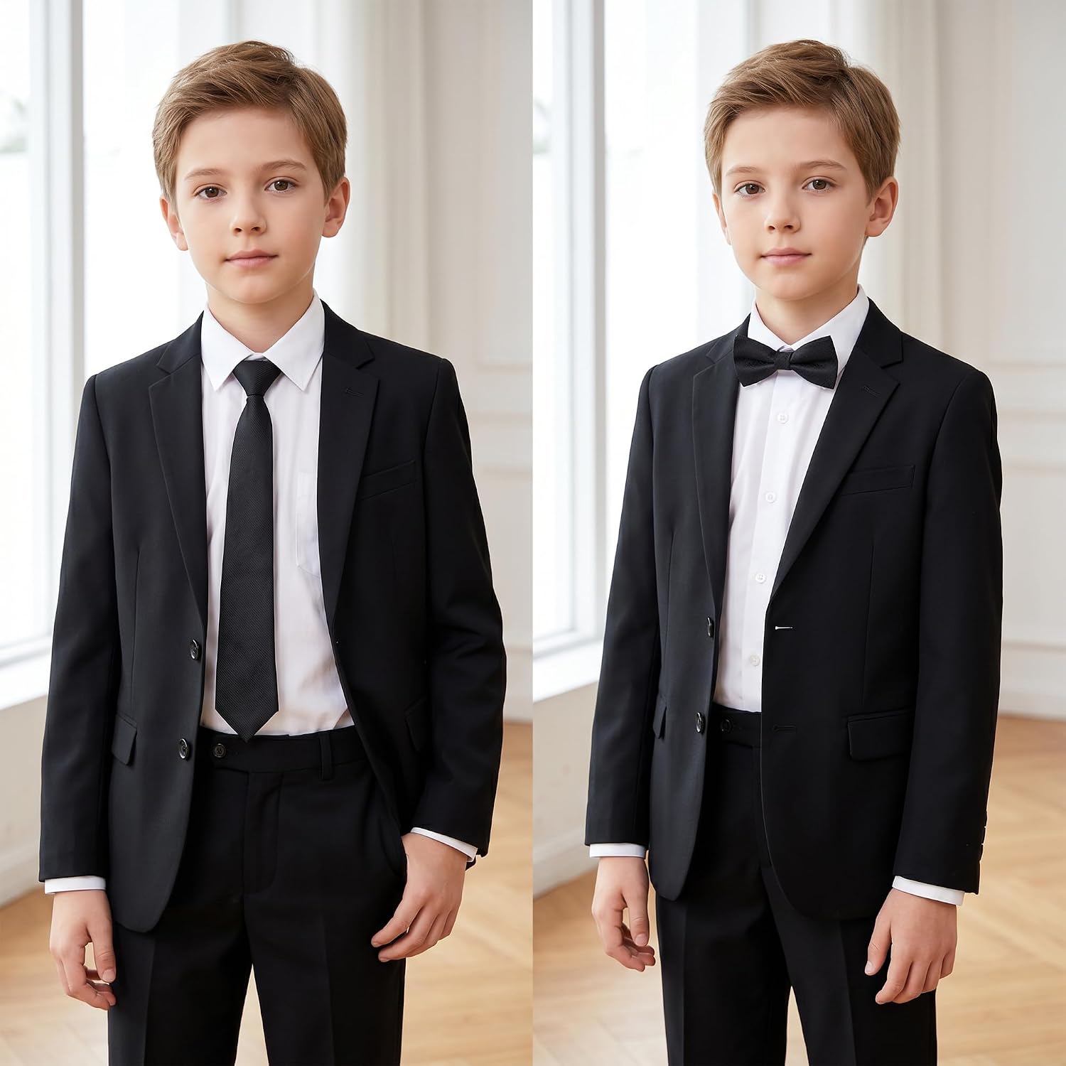 Fengek 2Pcs Boys Pre-Tied Tie & Bow Tie Set - Adjustable Stripe Necktie & Bowtie for Kids, School Uniform & Formal Wear