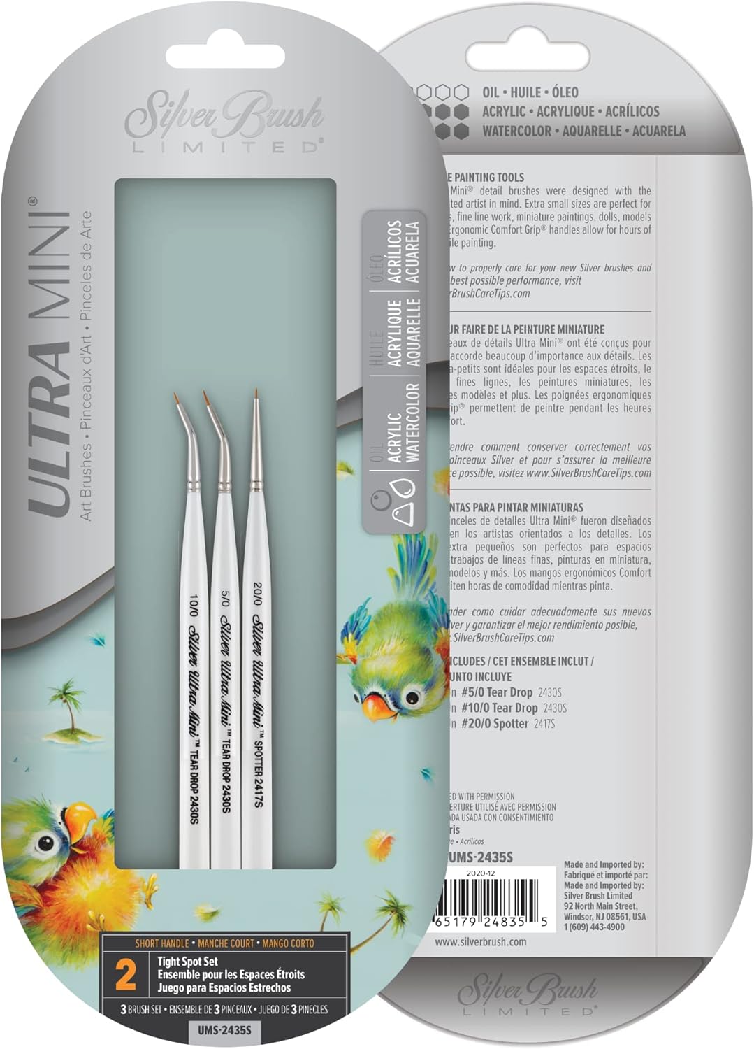 Silver Brush Limited UMS-2435S Ultra Mini Tight Spot Set, for Watercolor, Gouache, Inks, Dyes, Acrylic, & Heavy Body Paints, Set of 3, Size 20/0 Spotter, 5/0 and 10/0 Tear Drop Brushes, Short Handle