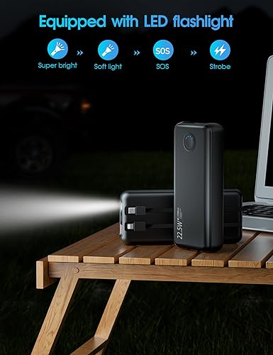 Miniatura 3 de MINRISE Cargador portátil con cables incorporados, 22.5 W, PD20W, batería de carga rápida, batería de 27,000 mAh con linterna, compatible con