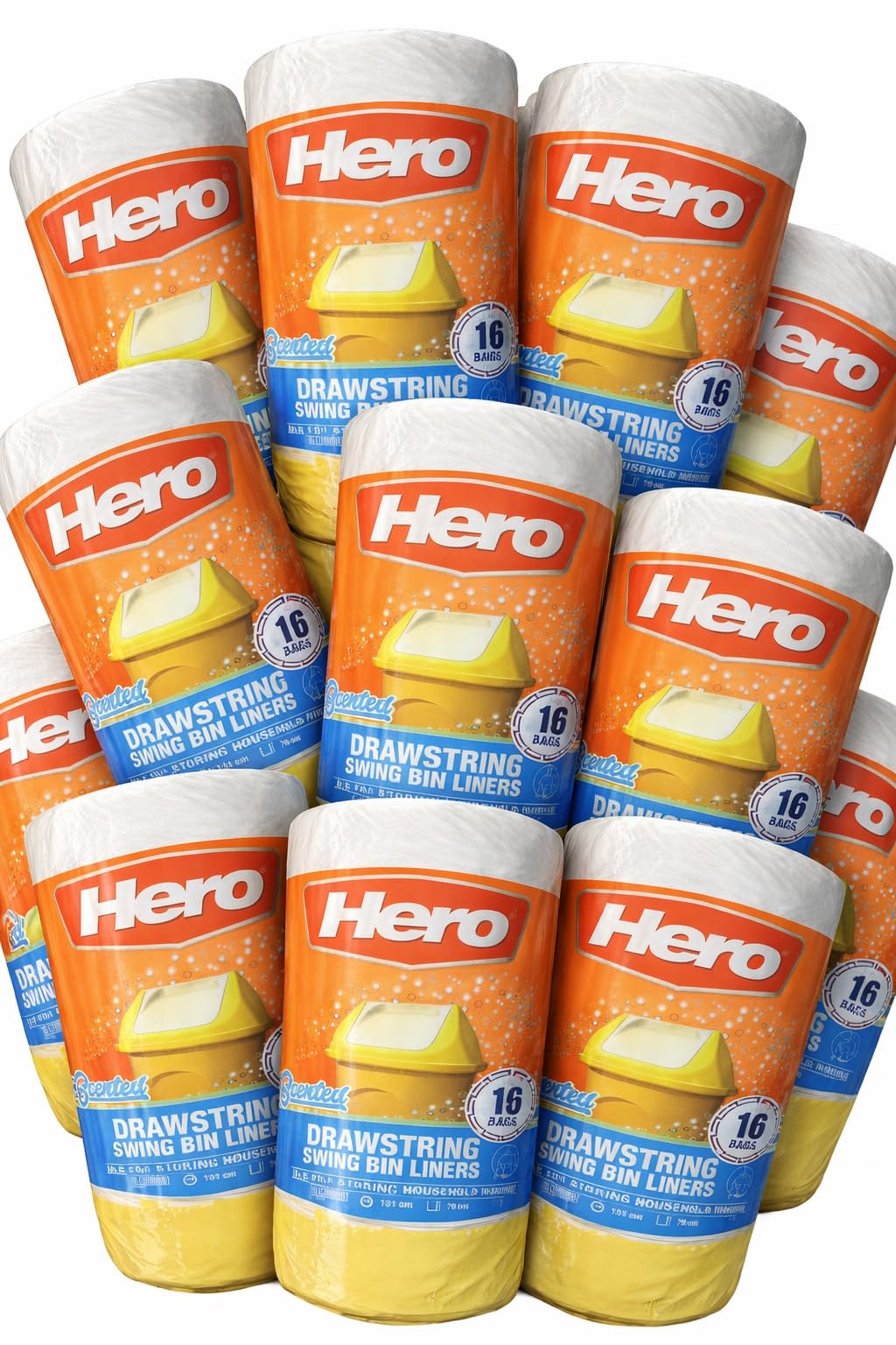 Hero White Swing Scented Drawstring Bin Bags 60L | Eco-Friendly Rubbish Bags | Strong Interleaved, Tear-Resistant & Odour-Controlled | Fresh Fragrance Kitchen Bin Liners (12)