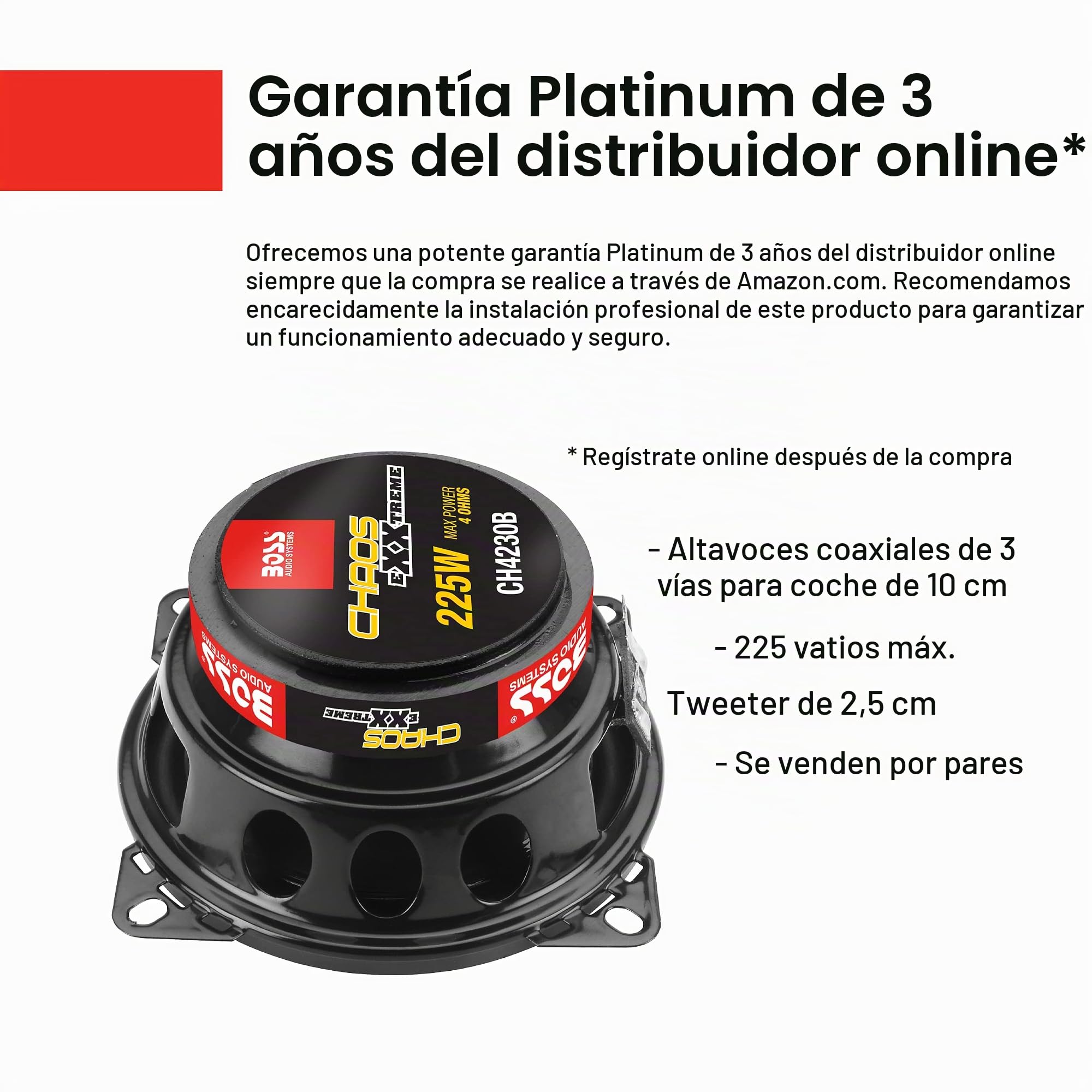 BOSS Audio Systems 2 CH4230B Altavoces coaxiales Negros de 10 cm y 4" y 3 vías 112,5 vatios rms y 225 vatios MAX impedancia 4 Ohm Puertas de Coche, suspensión de Goma, un par