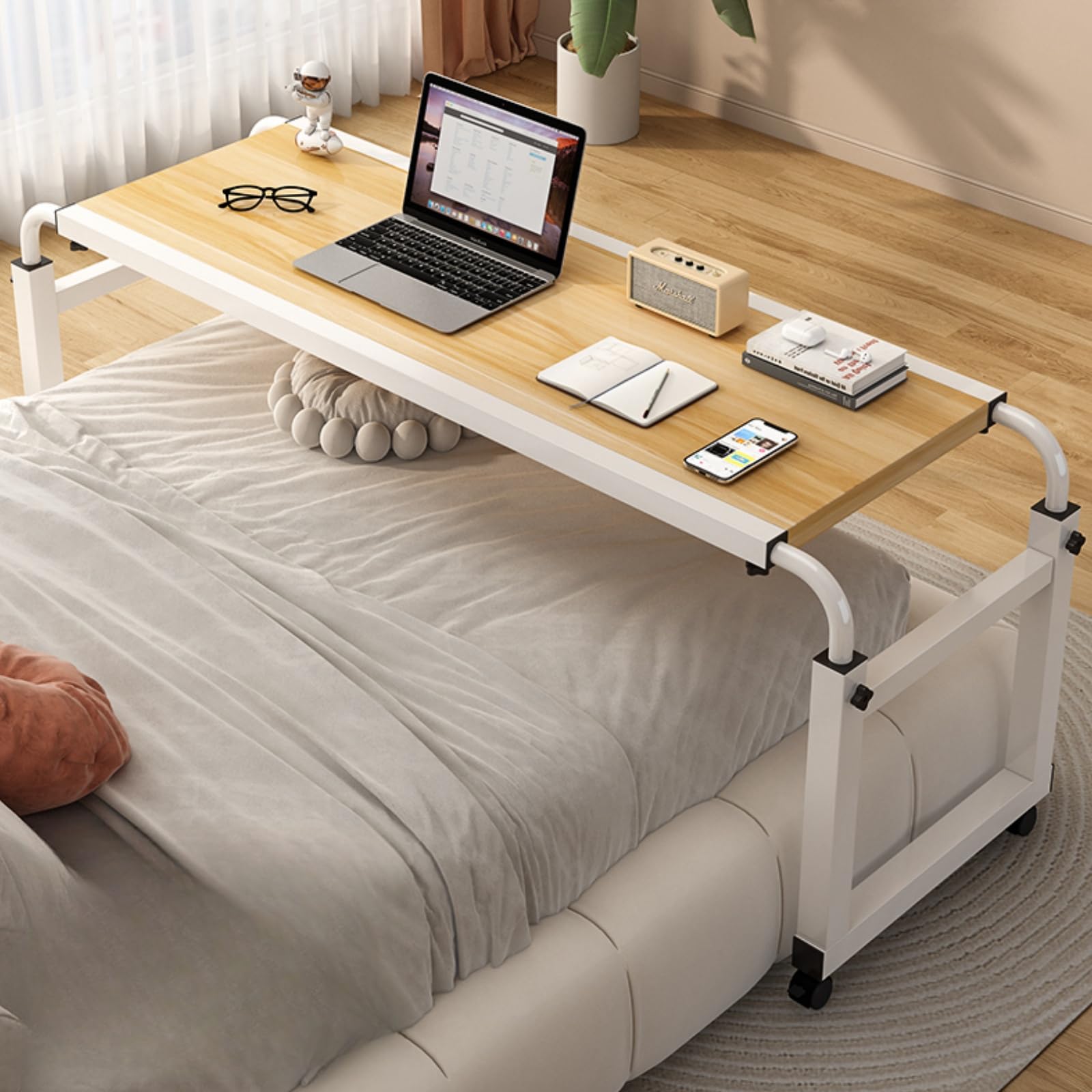 SXZenSpace Over Bed Table Adjustable Height Over-Bed Tables Overbed On Wheels With Chair for Disabled 120cm Woodcolor/nobaffle
