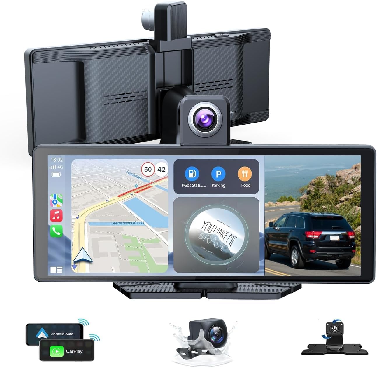 Photo 1 of 10.26" Wireless Portable Carplay Screen CarPlay & Android Auto Car Stereo 360 Rotation 4K Dash Cam 1080p Rear Camera Mirror Link Voice Control GPS Navigation(SD Card Excluded)