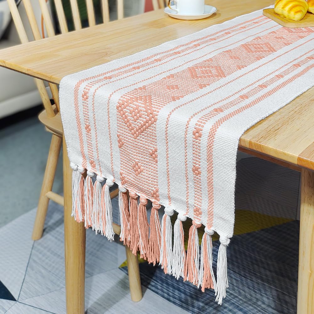 Drapeau de table rose en coton et lin 140x35 cm avec pompons