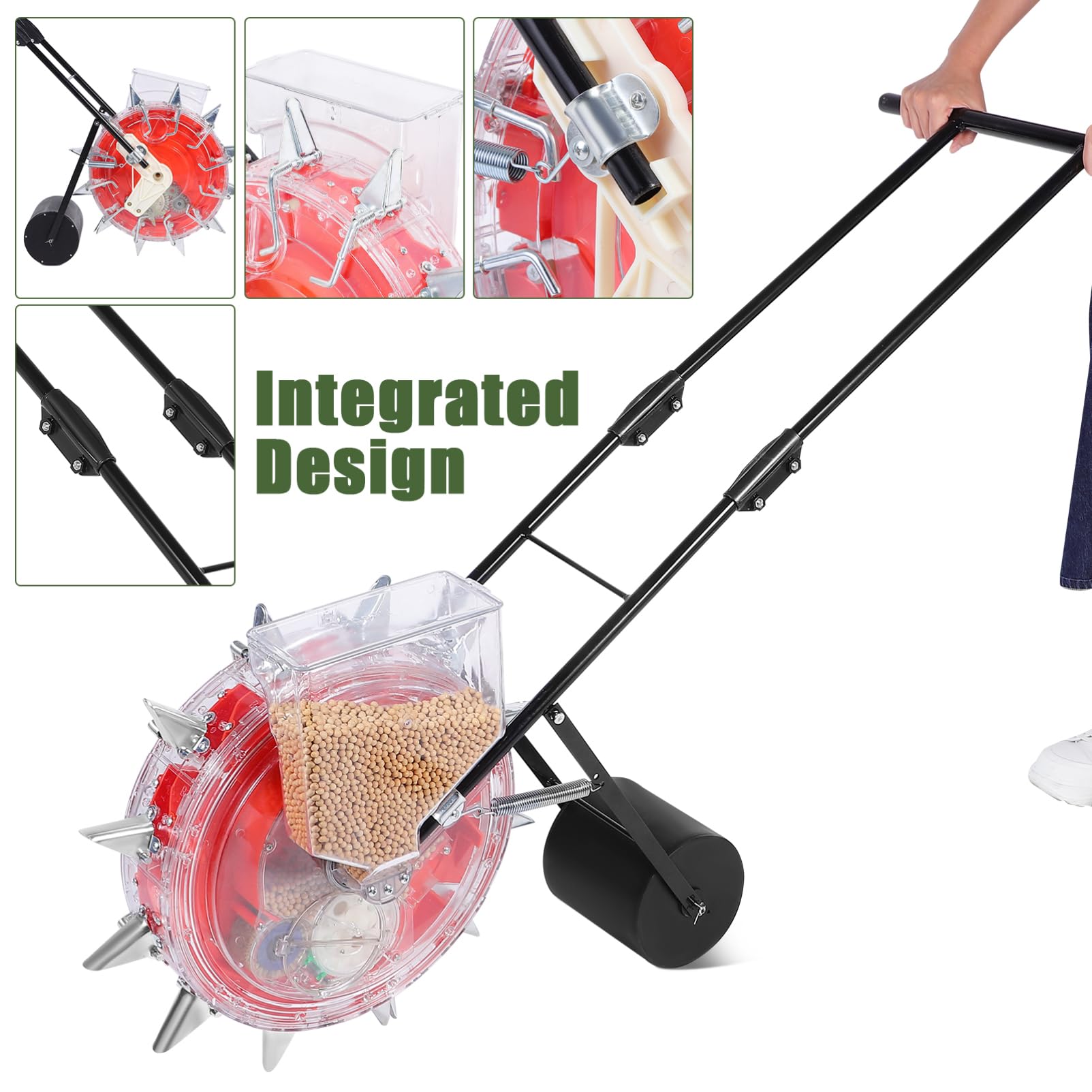 Hemobllo Sembradora Manual Rodillo de Plantación Rojo de Hierro y Plástico | Dosificador de Semillas y Fertilizante, Tecnología de Rodillo Cuantitativo, Uso Agrícola y Jardinería