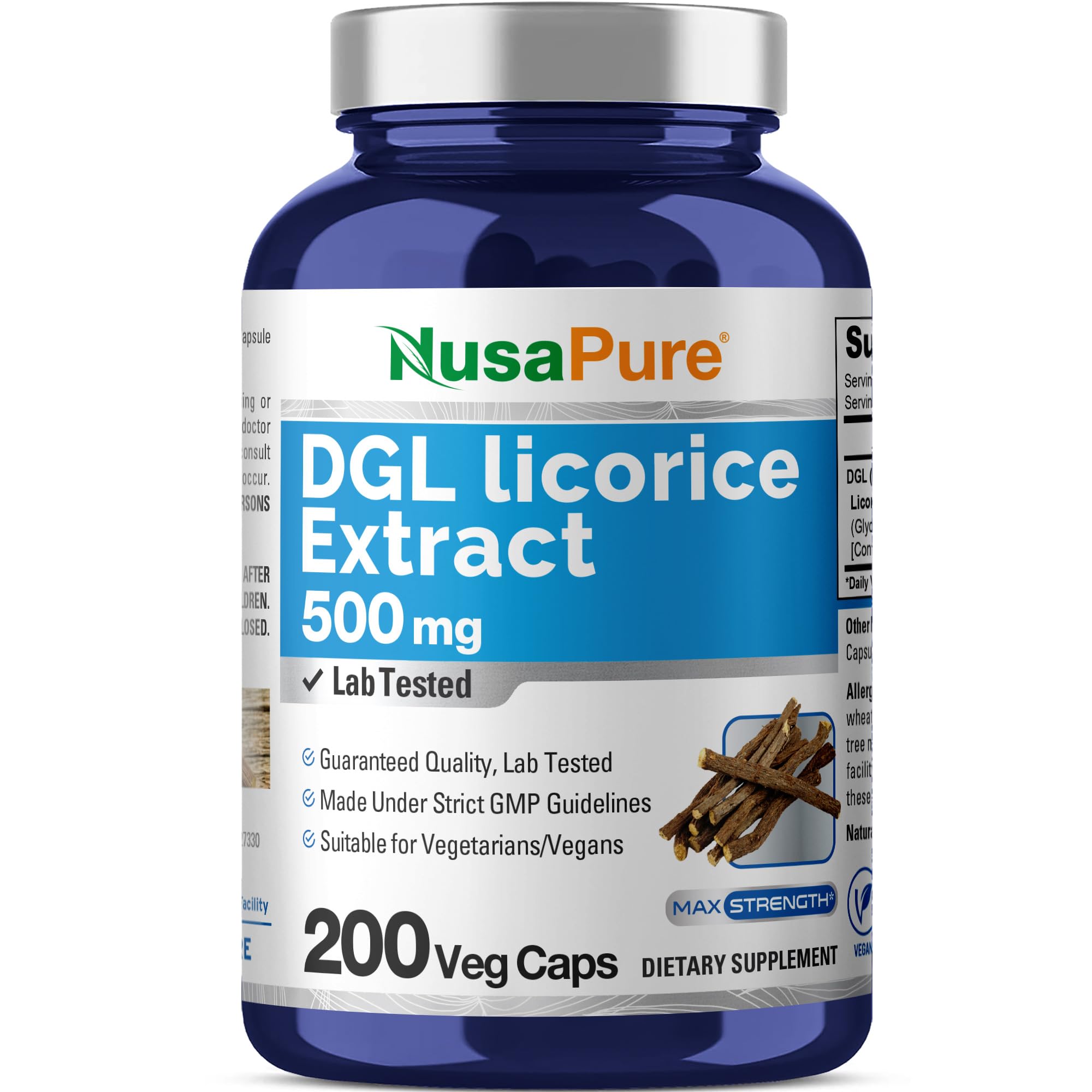 NusaPure DGL Licorice Extract 500 mg 200 Veggie Capsules (Vegan,Non-GMO)