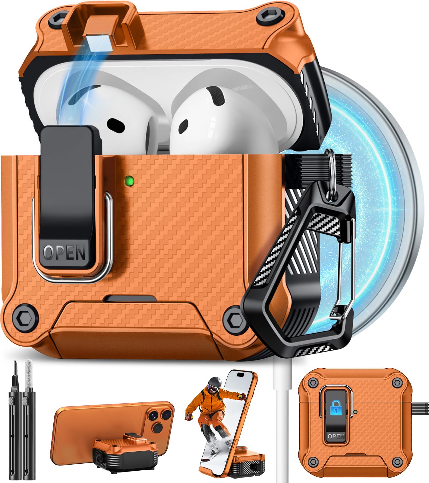 Pohgelan for AirPods 5/4 Case (2026/2024) with Safety Lock-Orange