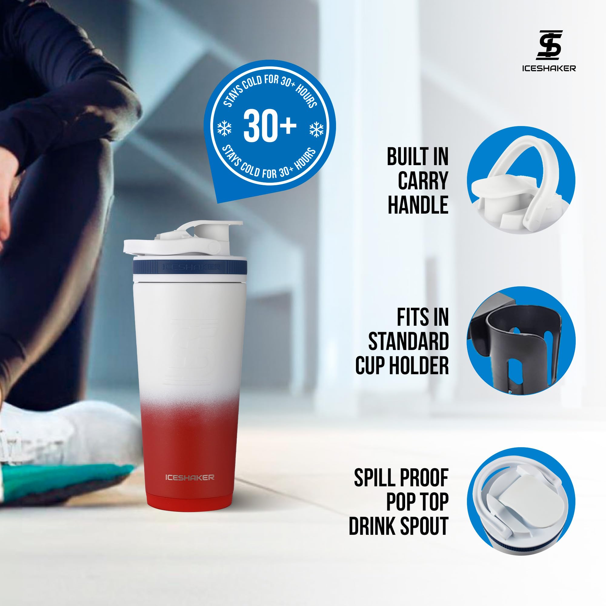 Ice Shaker Izolowana butelka ze stali nierdzewnej, 737 g, USA, zimna przez 30 godzin, izolowany kubek z mieszadłem obrotowym, bezzapachowa butelka na koktajle proteinowe, wodę, smoothie, koktajle