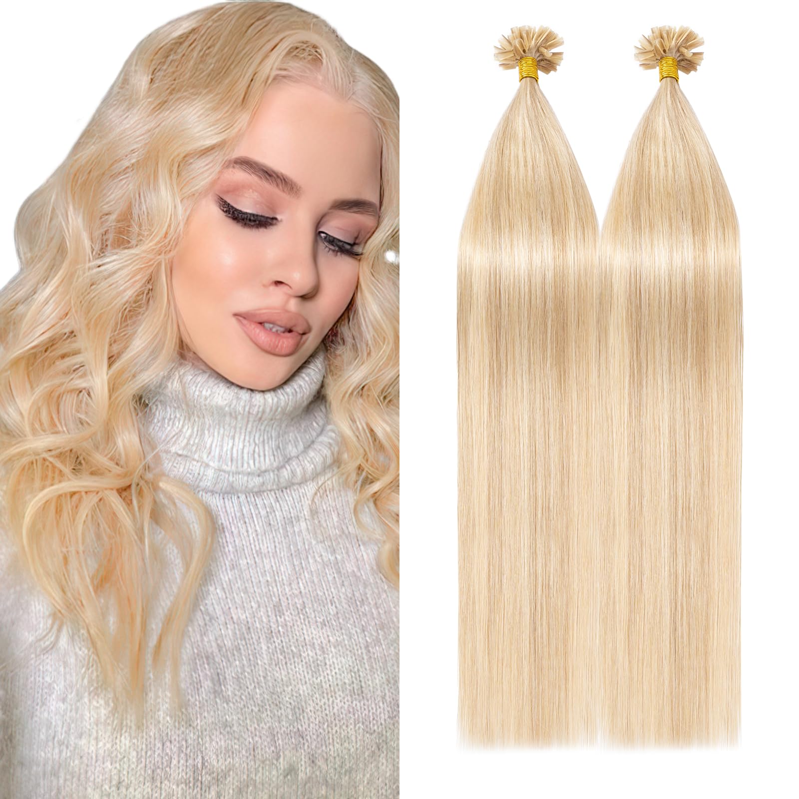 Silk-co U Tip Pre Bonded Hair Extensions Strands Keratin Nail Tip Straight Human Hair Extensions U tip Real Remy Hair 100 Strands Keratin Nail Til 24"-100g #18P613 Ash Blonde&Bleach Blonde
