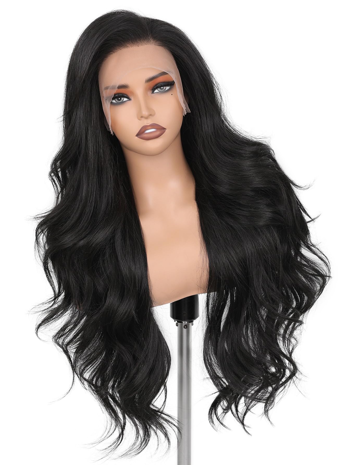 Photo 1 of HANNE 13*6 Lace Front Wigs for Black Women 29 Inch Synthetic Pre Plucked Wavy Filp Curl Futura Fiber Glueless Wig Black wig HD Lace Frontal Wig Hair Replacement Wigs for Every Occasion (Natural Black)