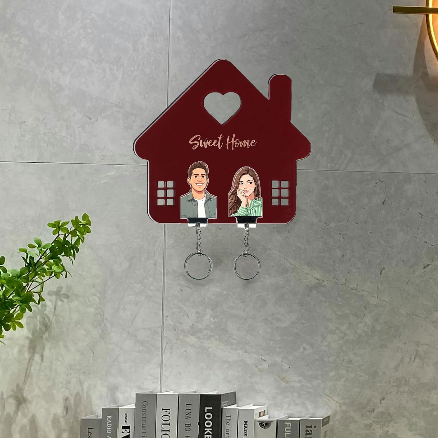 Custom Photo Key Holder Wall Mount, Personalized Cartoon Portrait Key Rack, Sweet Home House Shape Key Organizer with Hooks, Unique Gift for Couples Family Housewarming Decor