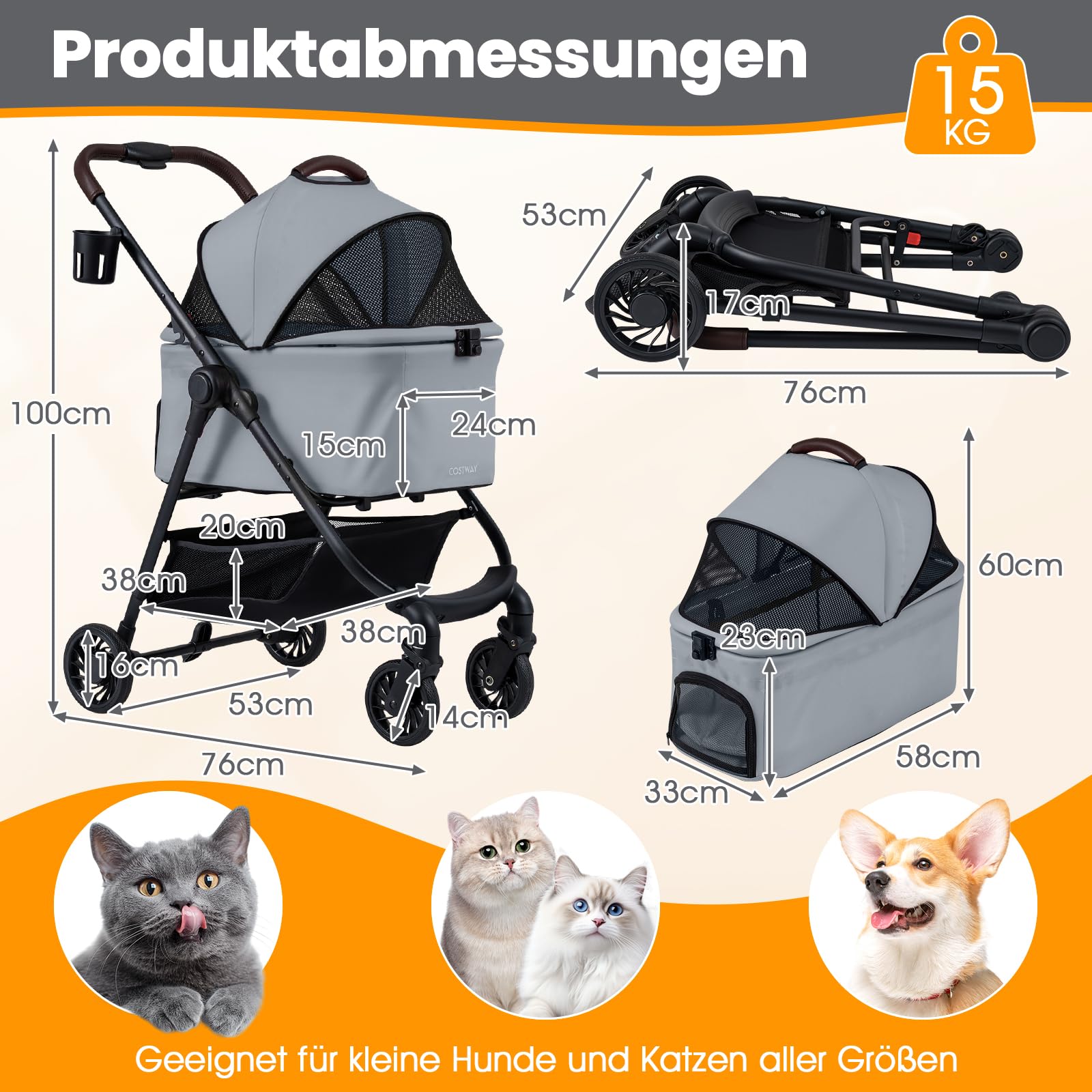 COSTWAY 3 in 1 Hundewagen, Hundebuggy mit verstellbarem Netzdach & Korb & Getränkehalter, Haustiere Buggy bis 15 kg, Hundebox Transporttasche klappbar, für Hunde Katzen Haustiere, Metall (Grau)