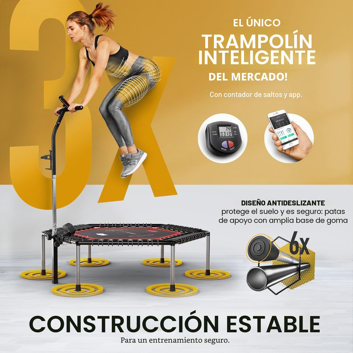 Trampolín Smart Fitness Marca Alemana, Incl. cinturón de Ritmo cardíaco, vídeo de Entrenamiento, Contador de Saltos y App, Plegable, Manillar Ajustable, portabotellas y Soporte para móvil - HTX100