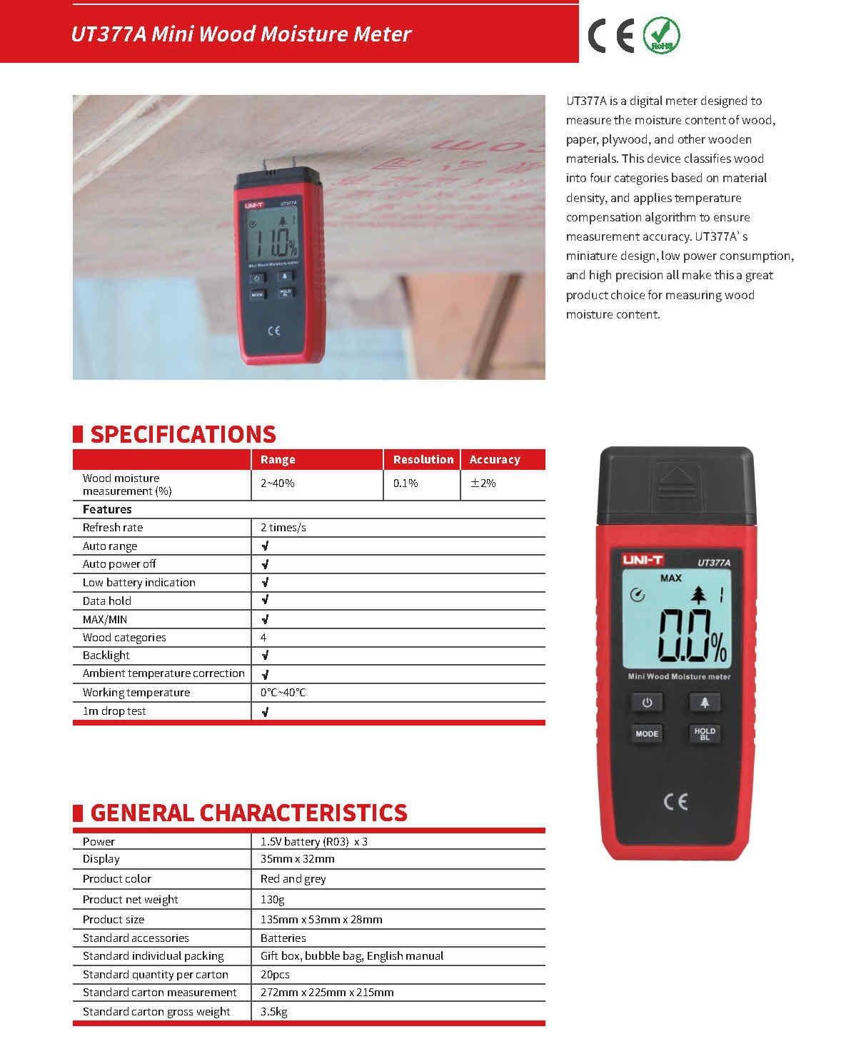 UNI-T UT377A Digital Wood Moisture Meter Hygrometer Humidity Gauge Tester for Paper Plywood Wooden Materials LCD Display