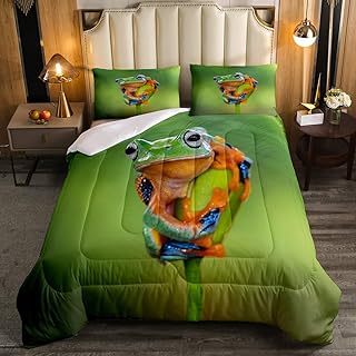 Erosebridal Frog Comforter Set Twin Size Tree Frog Bedding Set Frog Family Quilted Duvet 3D Tree Frog Printing Duvet Set for Kids Boys Girls Teens Living Room Decor, Green Orange