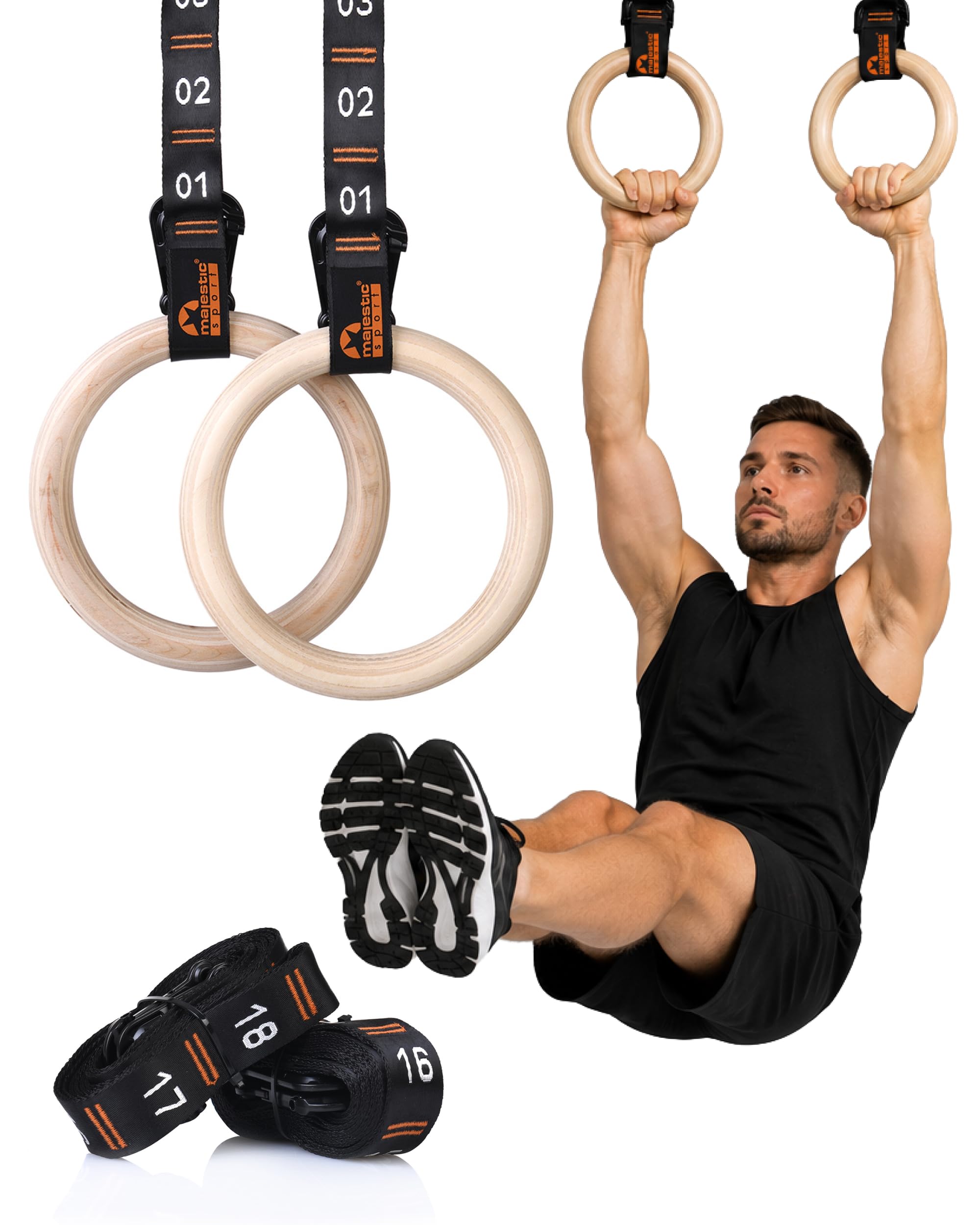 Turnringe Holz - Gymnastikringe mit 34 Verstellstufen, Ø 23,5 cm Naturholz, hochfeste Nylon-Gurtbänder & Stahlkarabiner - Gym Rings für Calisthenics, Klimmzüge & Dips, Indoor & Outdoor
