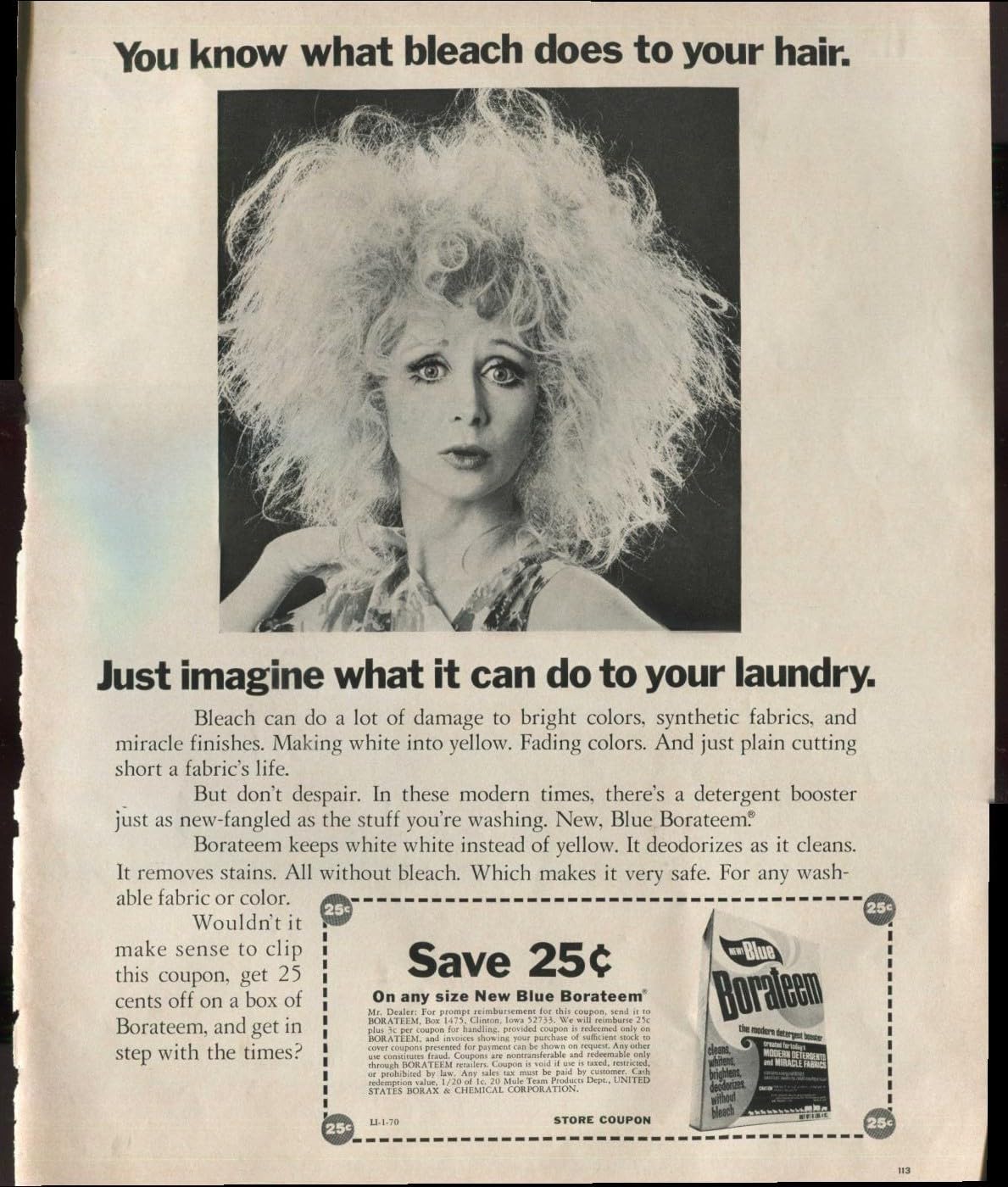 BORATEEM THE MODERN DETERGENT BOOSTER YOU KNOW WHAT BLEACH DOES TO YOUR HAIR 1970 VINTAGE ANTIQUE ADVERTISEMENT