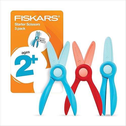 Fiskars Tijeras de inicio para niños a partir de 2 años (paquete de 3), pequeñas tijeras de plástico de seguridad, suministros de arte de fácil