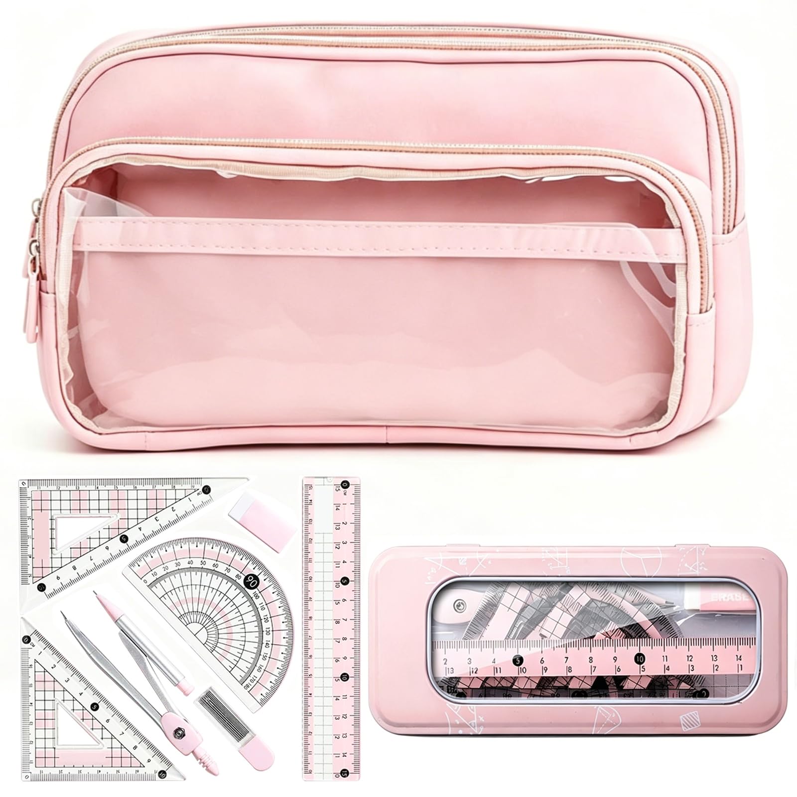 QuidToyzian Large Capacity Pencil Case with 8PCS Math Geometry Set, Aesthetic Multi-Compartment Stationery Organiser with Compass Ruler for School Students, Pink