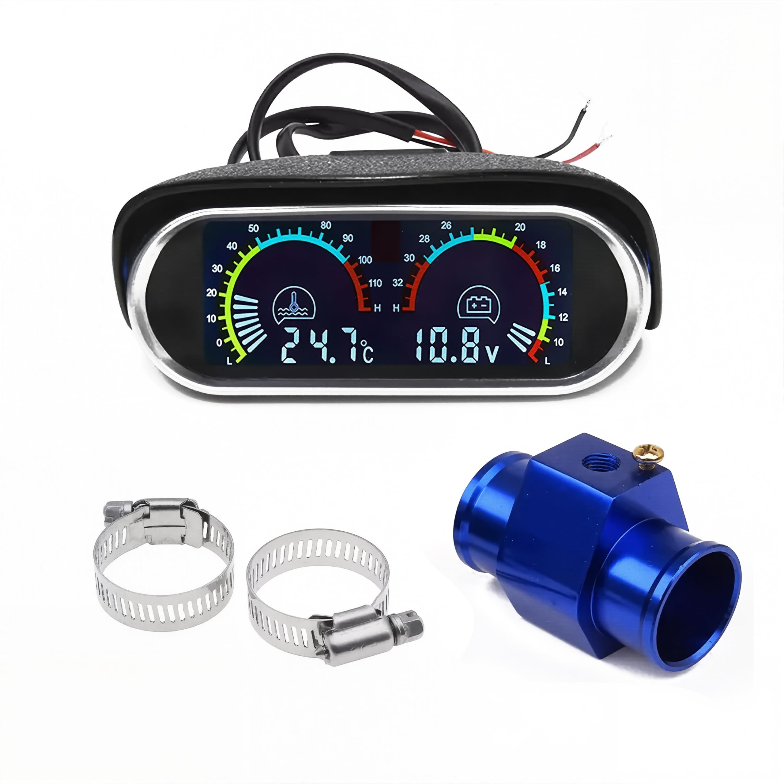 Kit de medidor de temperatura de agua para automóvil Letgoing - Medidor de temperatura de agua digital 10-120°C, voltímetro CC 9-36V, tubo de conexión de temperatura de agua de aluminio azul, sensor