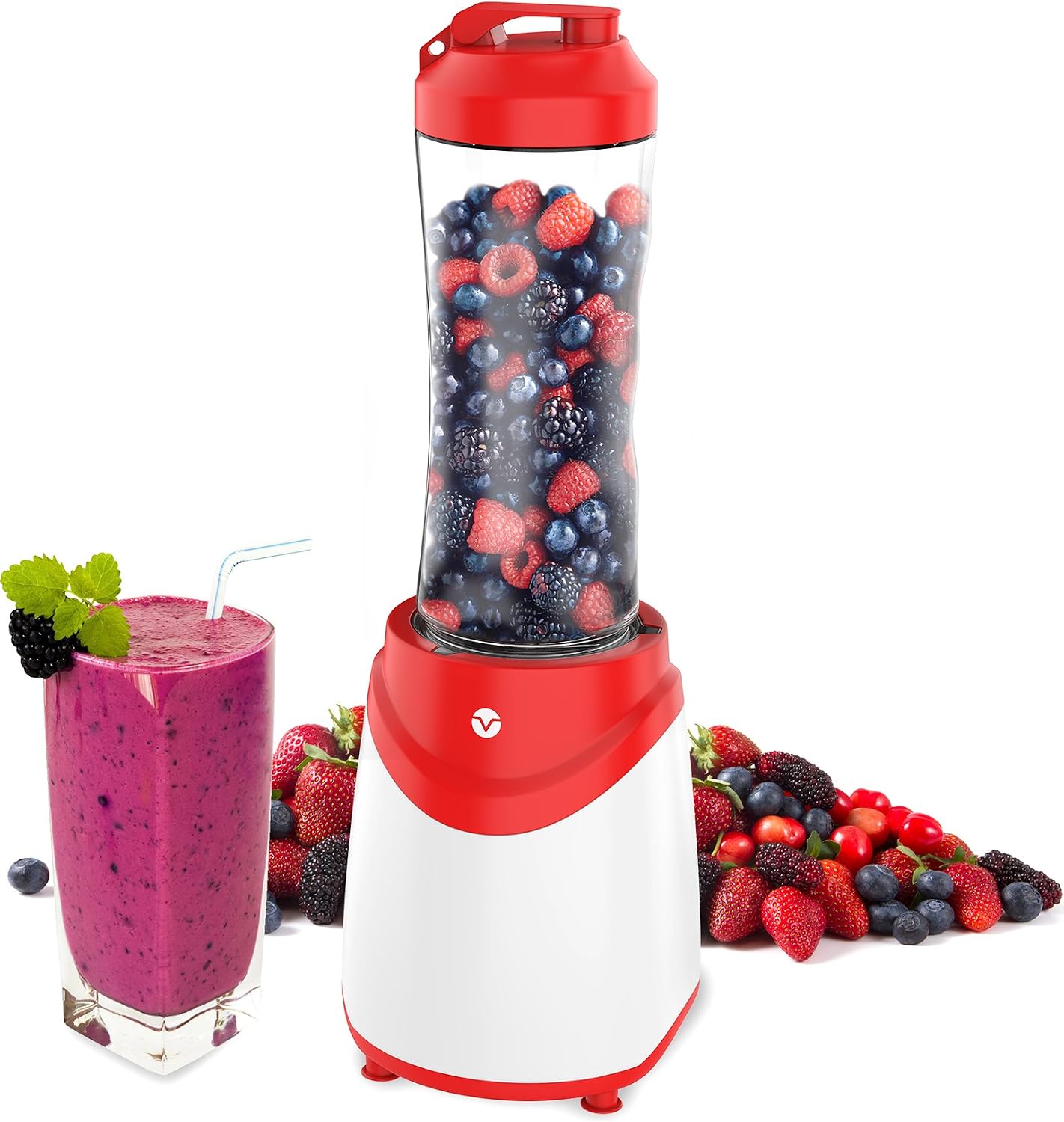 Vremi Personal Blender for Shakes and Smoothies - Single Serve Small Mini Size Kitchen Appliance with Heavy Duty Motor BPA Free Tritan Plastic 20 oz Sport Bottle Jar and Leak Proof Lid - White and Red