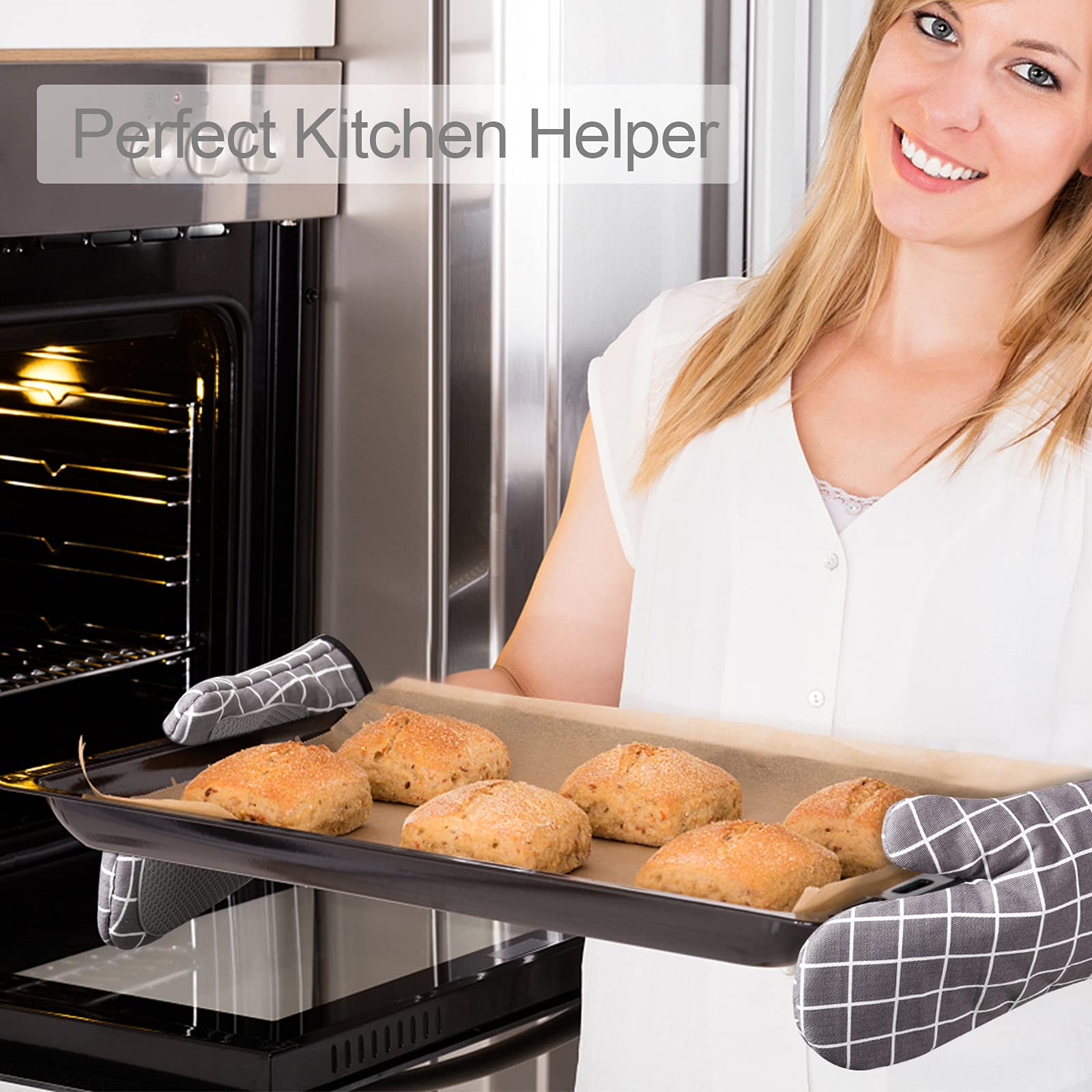 GHONLZIN Ovenhandschoenen, dubbelzijdige antislip hittebestendige siliconen ovenwanten katoenen pannenlap met ophanglus, keukenbescherming ovenwanten hittebestendig zwart voor grillen, bakken
