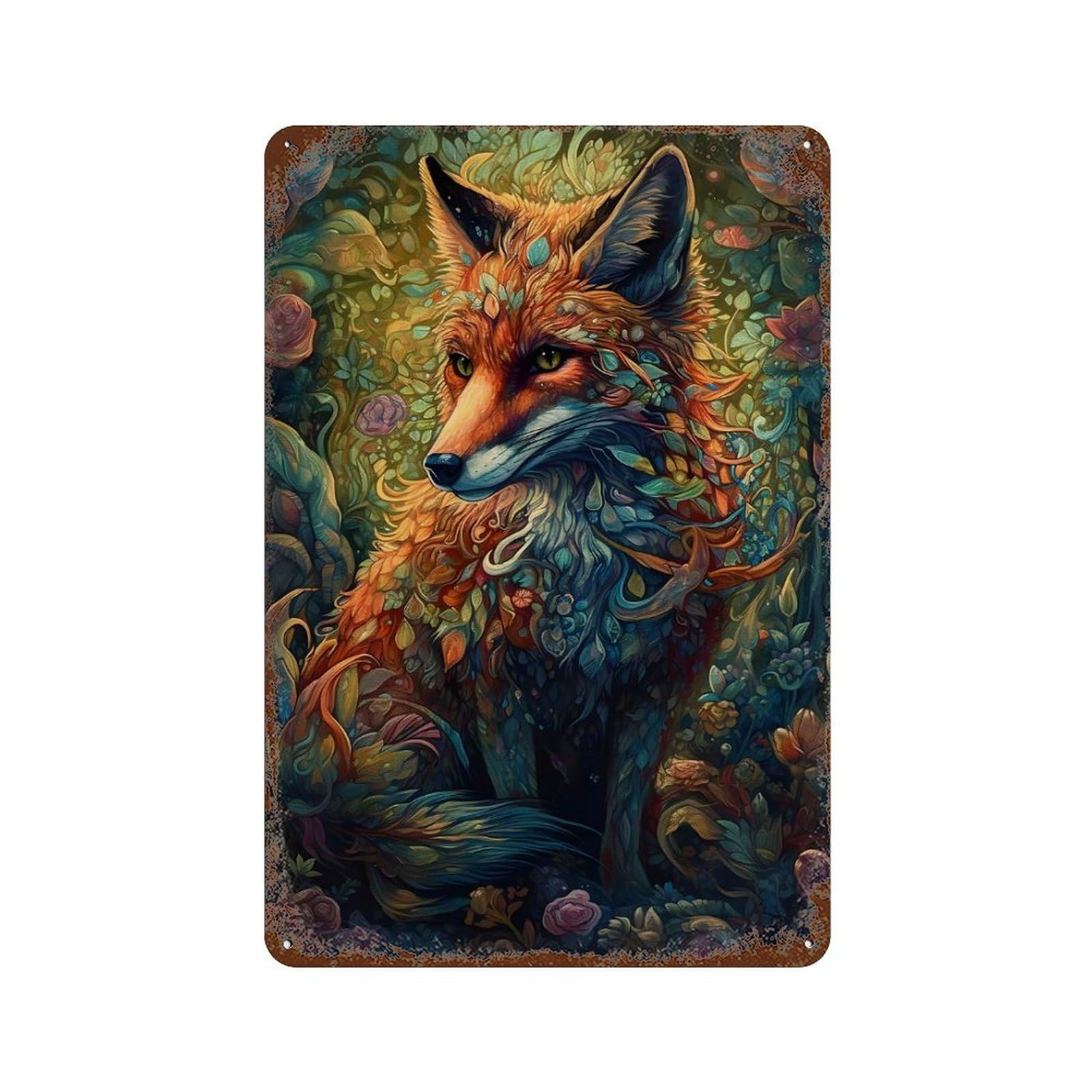 Rust Effect Fox Floral Rusty Metal Tin Sign 11.8"x7.9", Farmhouse Wall Decor for Cafe, Home Bar And Lounge Decor