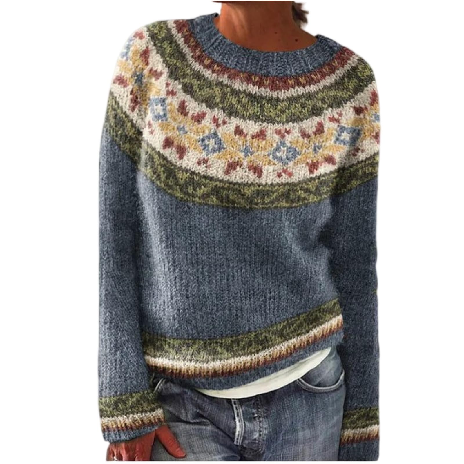 Womens Sweaters Fall Cable Knit Vintage Fair Isle Sweater Stripes Casual Boho Pullover Tops Winter Fashion Outfits