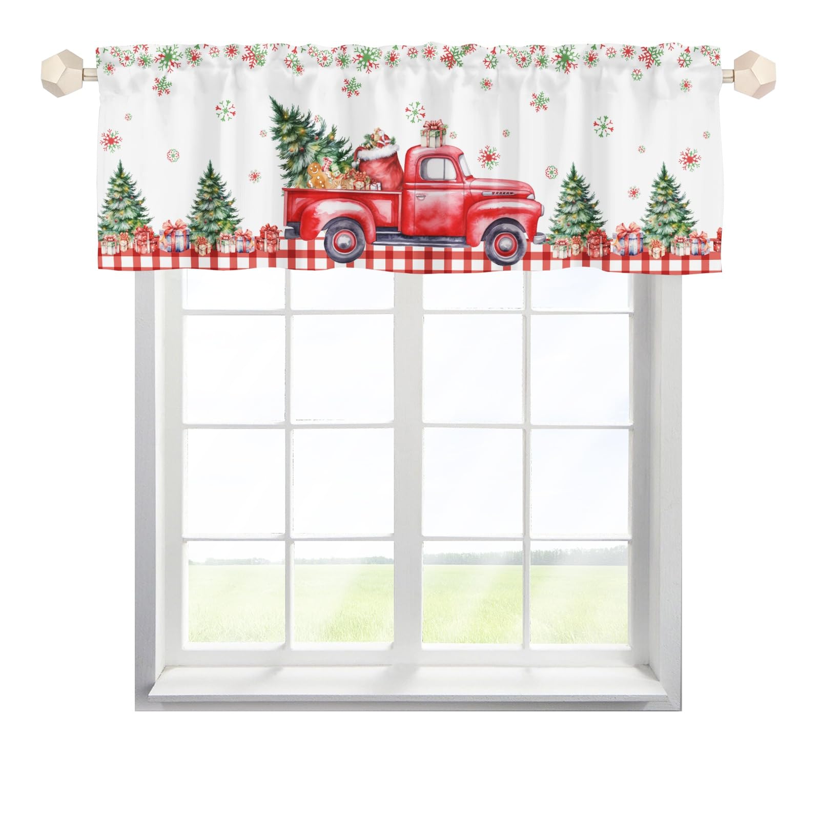Christmas Decor Curtains Valance,Christams Tree Truck Snowflakes Gifts Pattern Curtain Valance Window,Blackout Curtain Valances,Rod Pocket Valance for Window,Curtains for Bedroom Living Room Bathroom