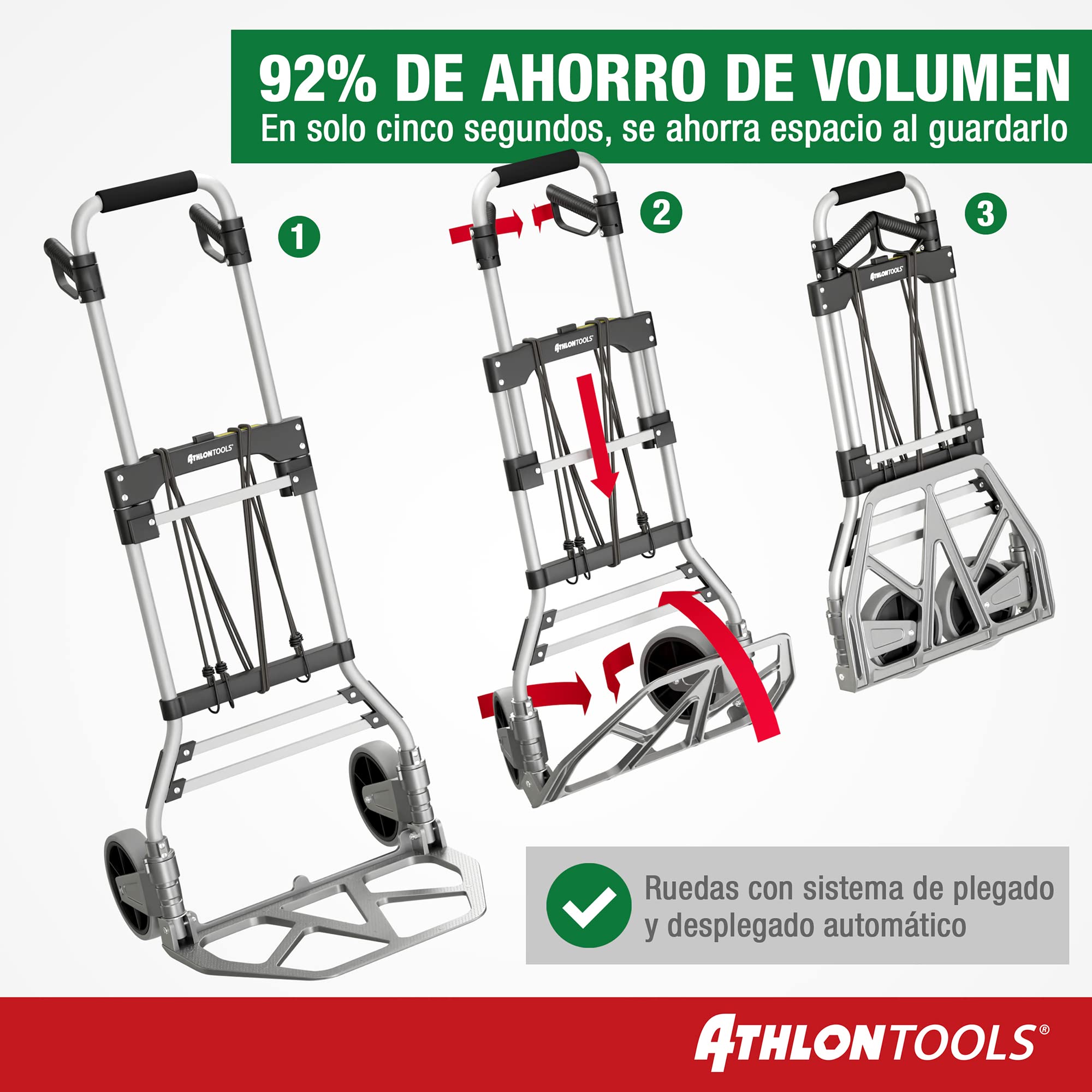 ATHLON Tools Carretilla Plegable de Aluminio para Cargas Pesadas TÜV GS-Certificado | Grandes Ruedas de Marcha Suave con Bandas de Rodadura Blandas | Incluye 2 Cuerdas extensoras - Modelo 2025