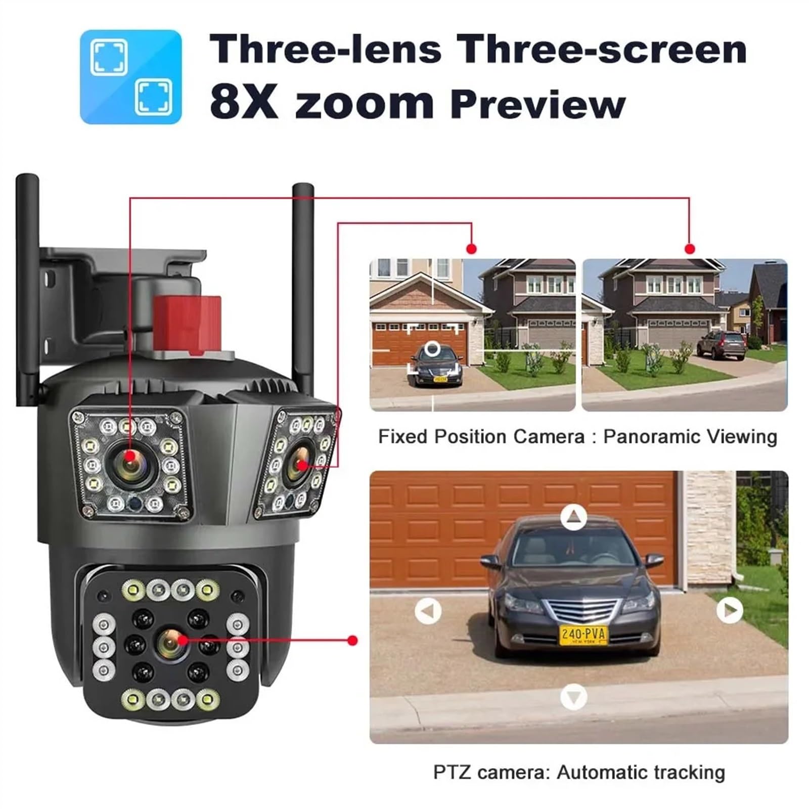 Kamera bezpieczeństwa zewnętrzna, 6K 12MP kamera PTZ IP z trzema obiektywami i trzema ekranami automatyczne śledzenie AI wykrywanie człowieka bezprzewodowa zewnętrzna kamera monitorująca CCTV Kamera b