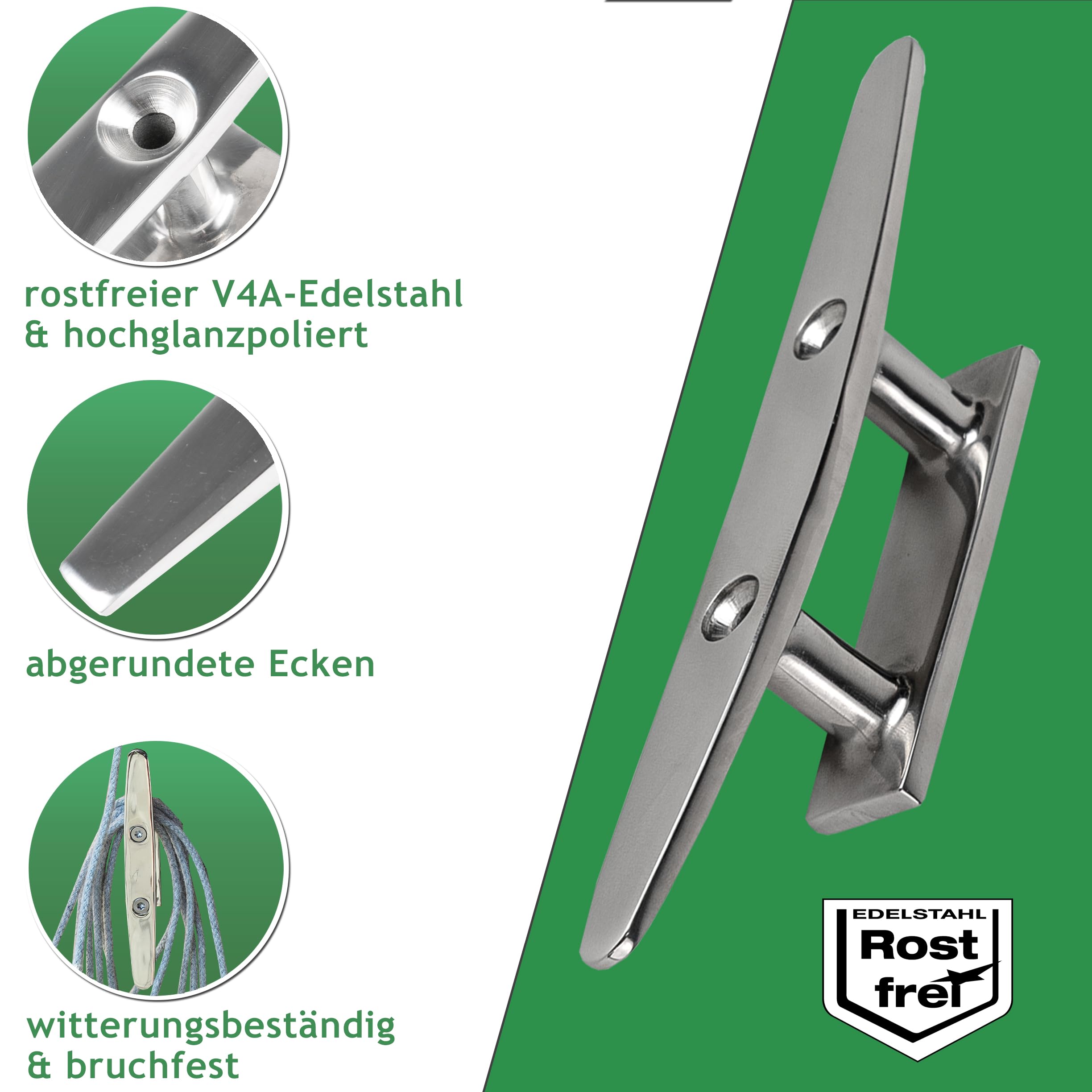 Klampe 150mm aus Edelstahl rostfrei V4A inkl. Befestigung | Belegklampe für Sonnensegel und Boote Zubehör | salzwasserbeständig & hochglanzpoliert