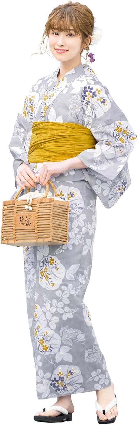 Amazon ソウビエン 浴衣 3点セット レディース レトロ グレー マスタード 朝顔 綿 変わり織 ボヌールセゾン 夏 フリーサイズ 兵児帯 浴衣 通販